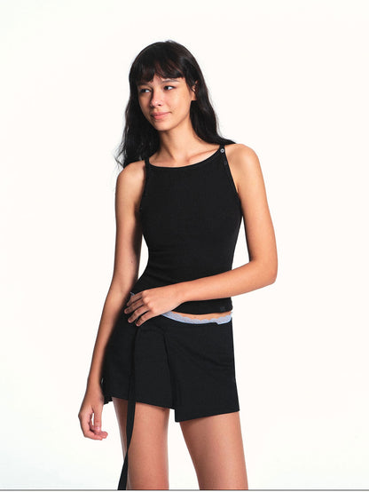kvkv Black Detachable Button Ribbed Crop Slim Fit Women&