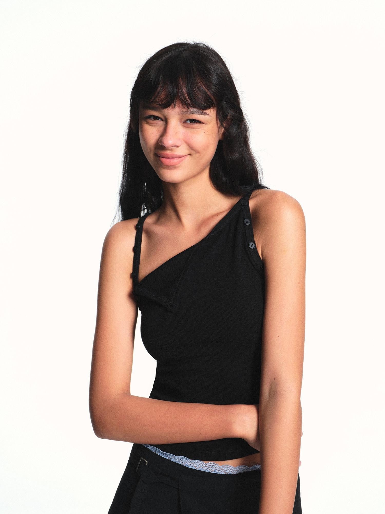 kvkv Black Detachable Button Ribbed Crop Slim Fit Women&