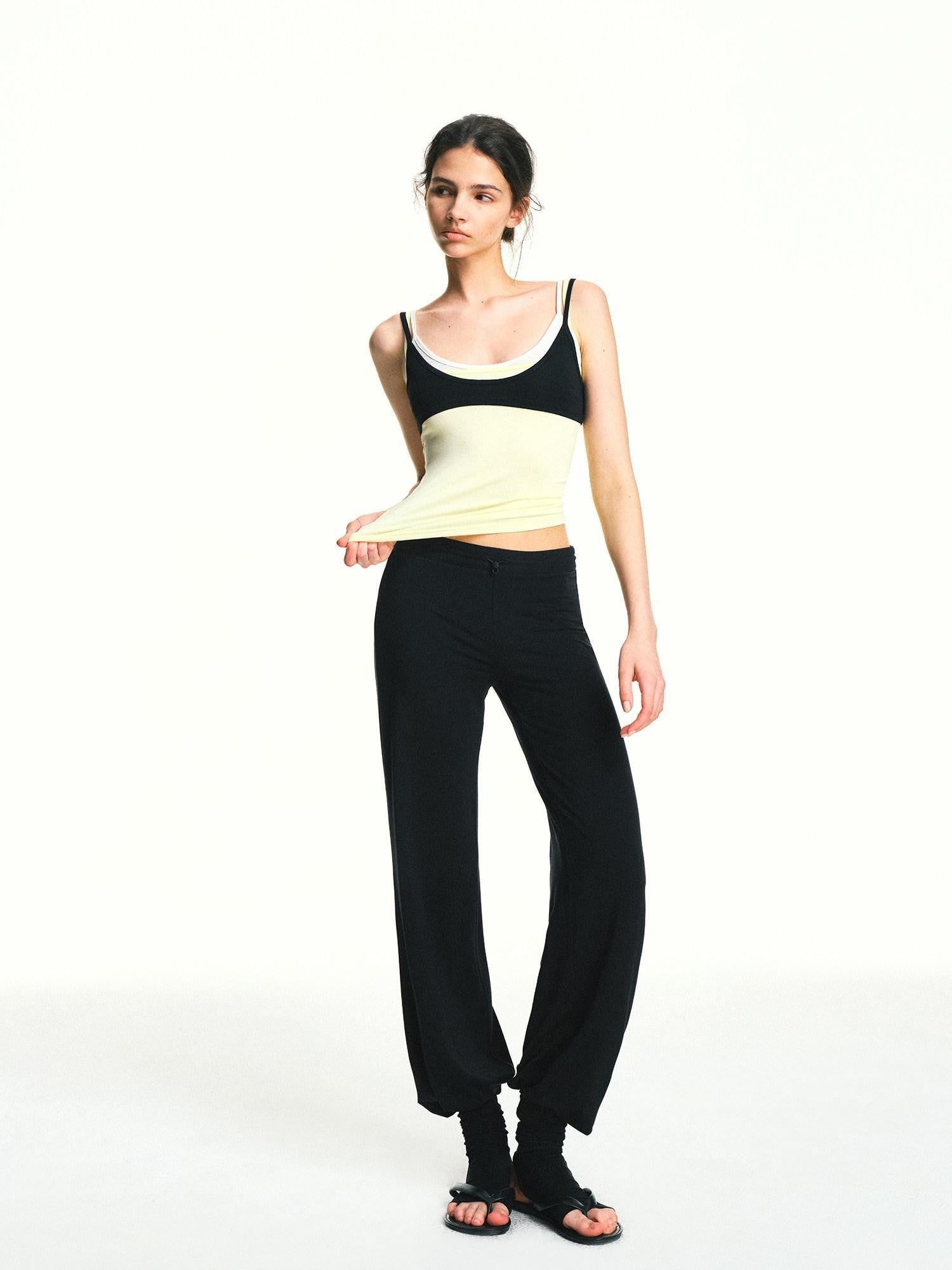 kvkv Black Drawstring Mid Low Rise Detachable Stirrup Drapey Women&
