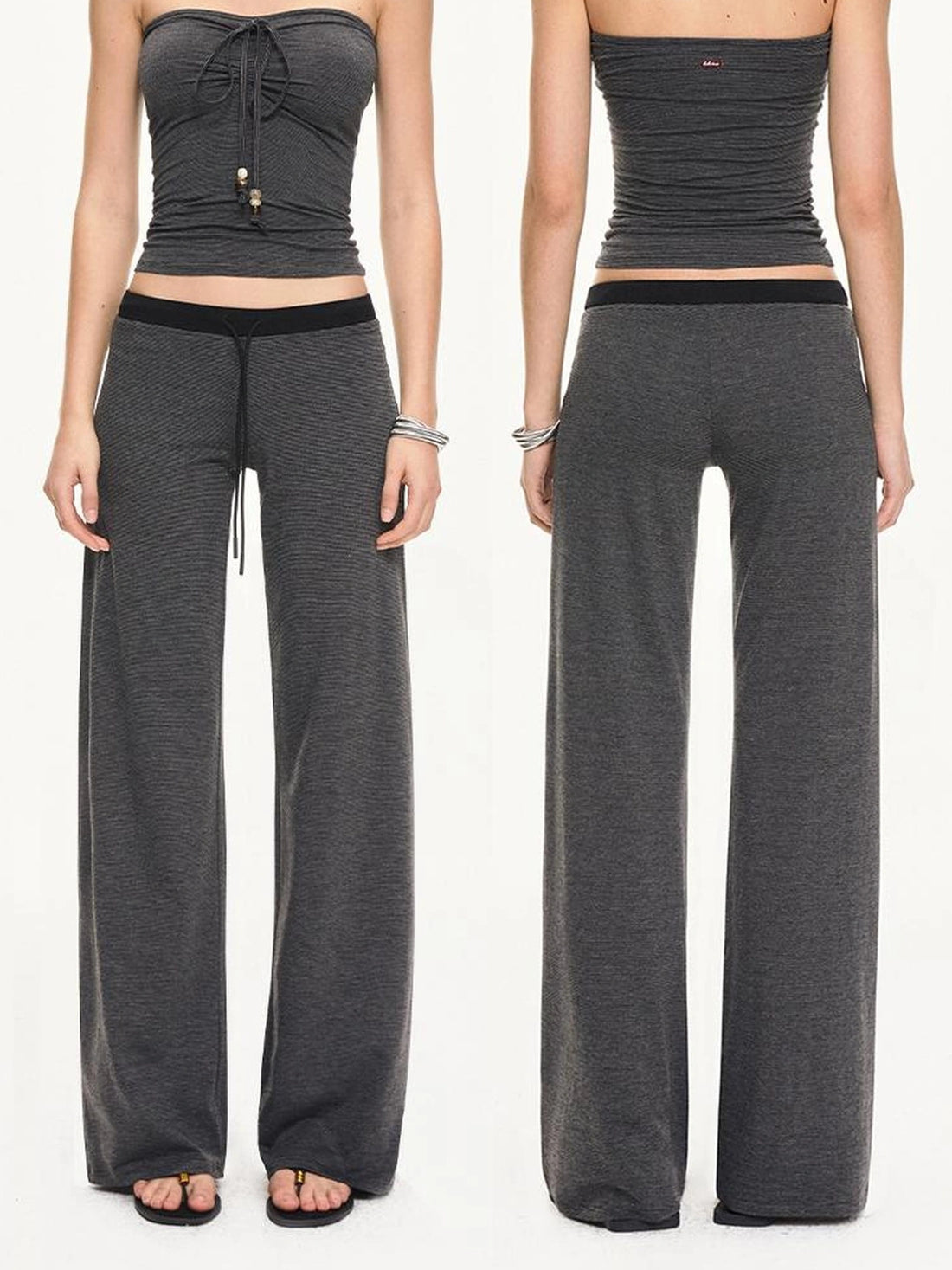 KVKV Yoga Clothing Brand - Black Gray Striped Knit Drawstring Wide Leg Pants