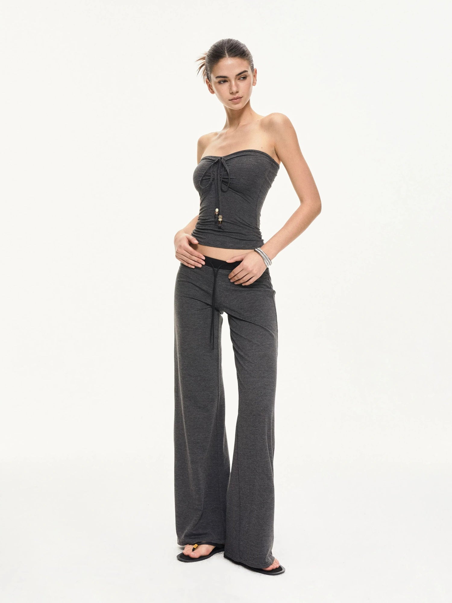 KVKV Yoga Clothing Brand - Black Gray Striped Knit Drawstring Wide Leg Pants