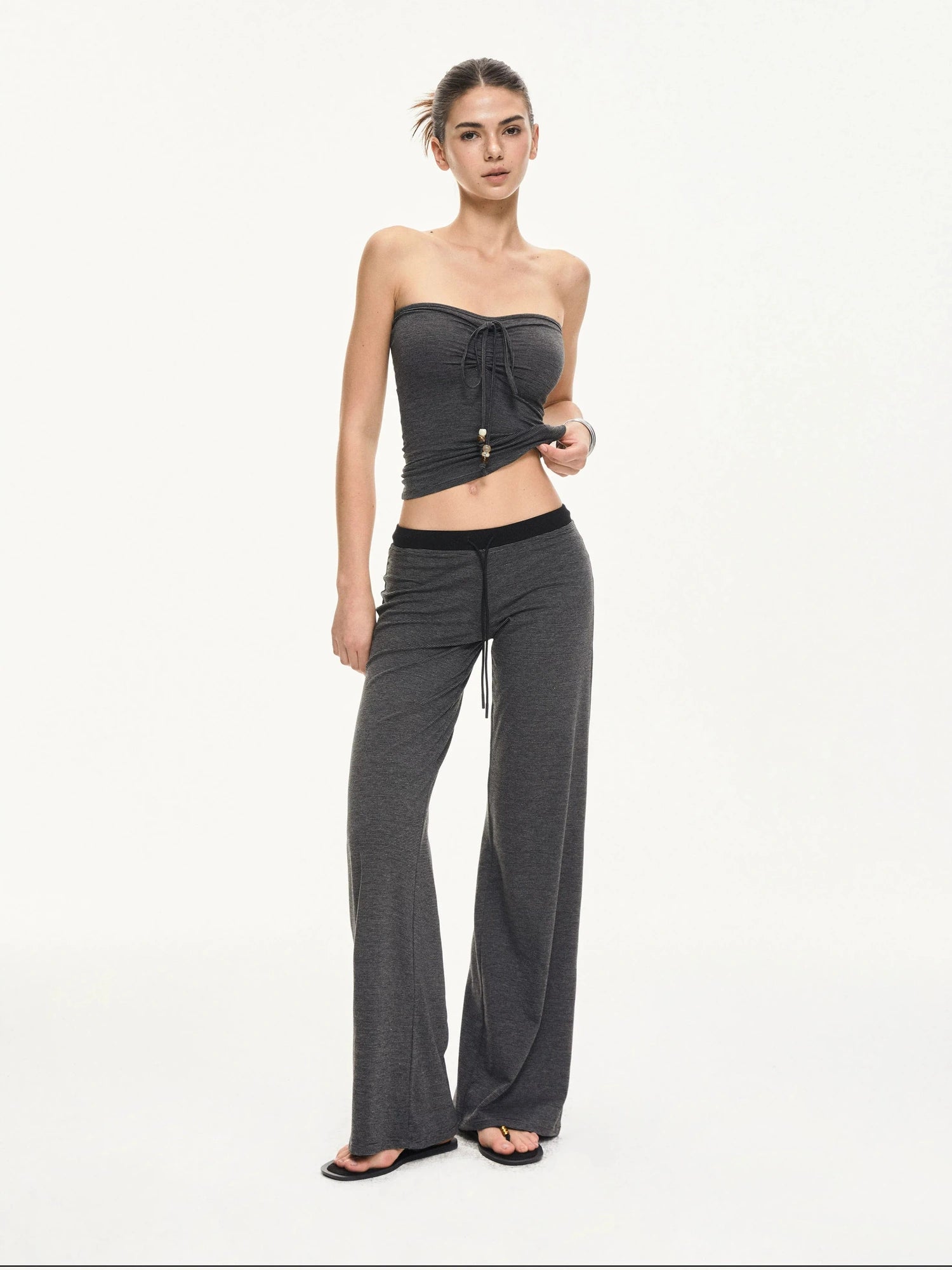 KVKV Yoga Clothing Brand - Black Gray Striped Knit Drawstring Wide Leg Pants