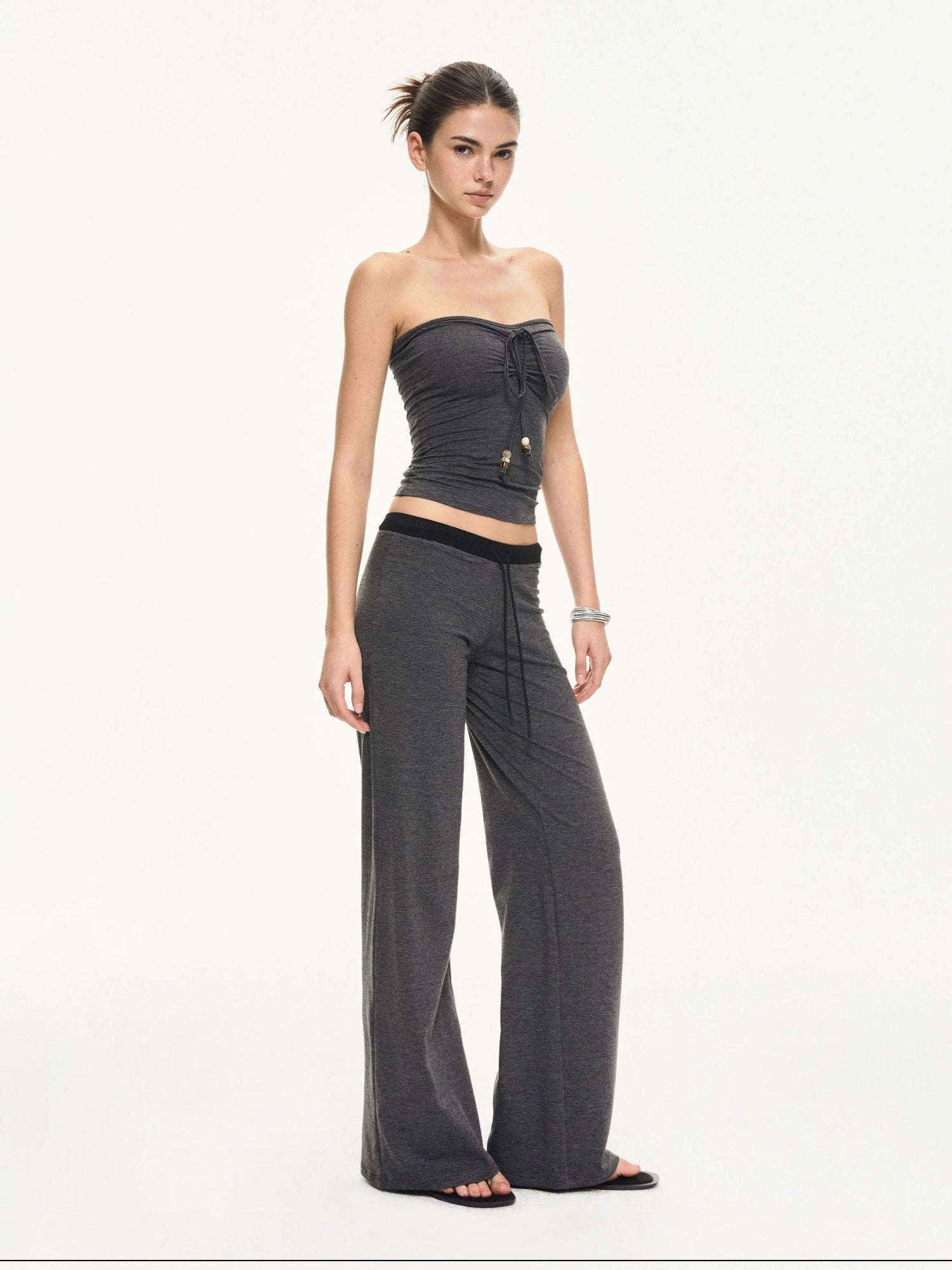 KVKV Yoga Clothing Brand - Black Gray Striped Knit Drawstring Wide Leg Pants