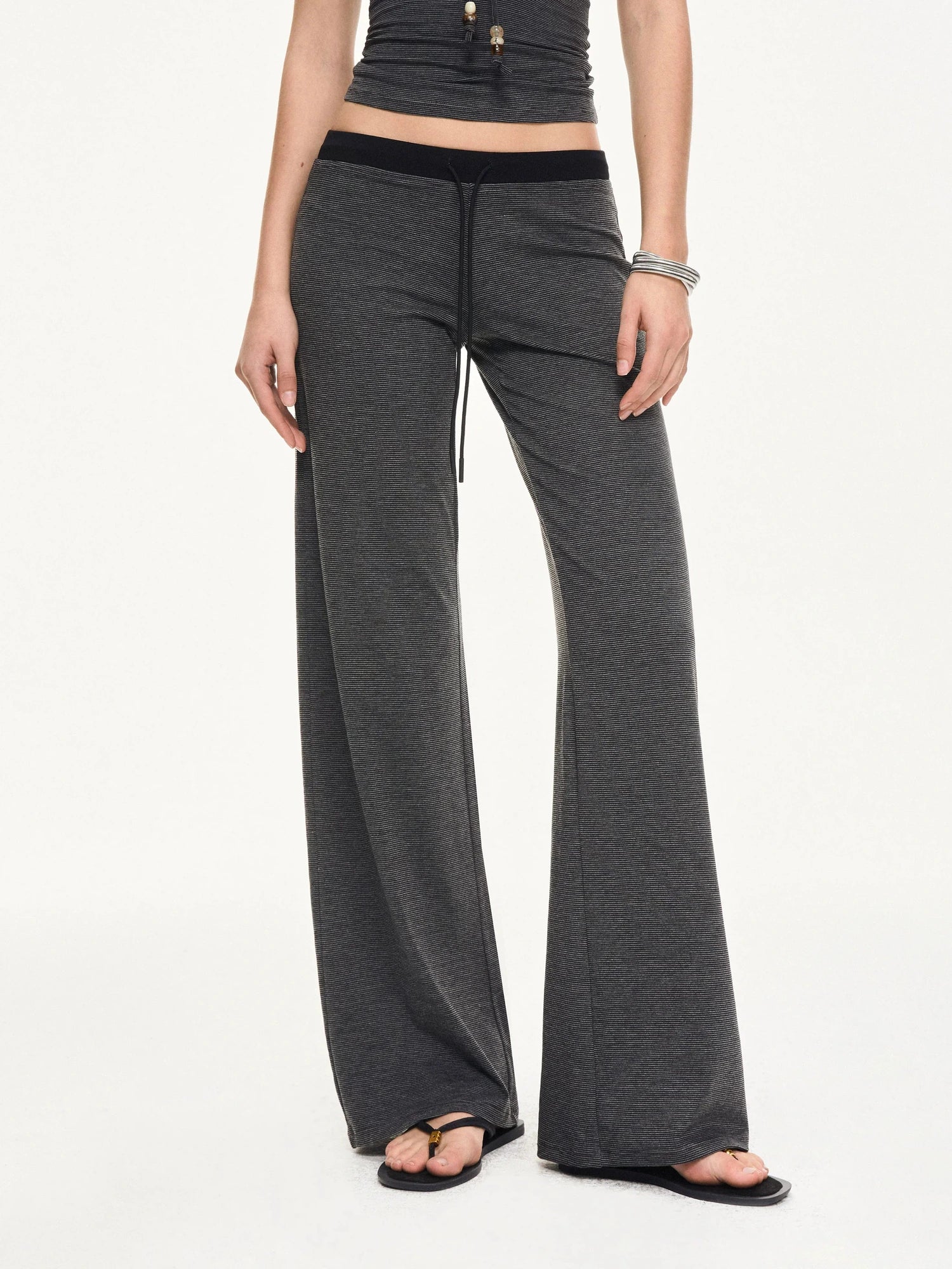 KVKV Yoga Clothing Brand - Black Gray Striped Knit Drawstring Wide Leg Pants