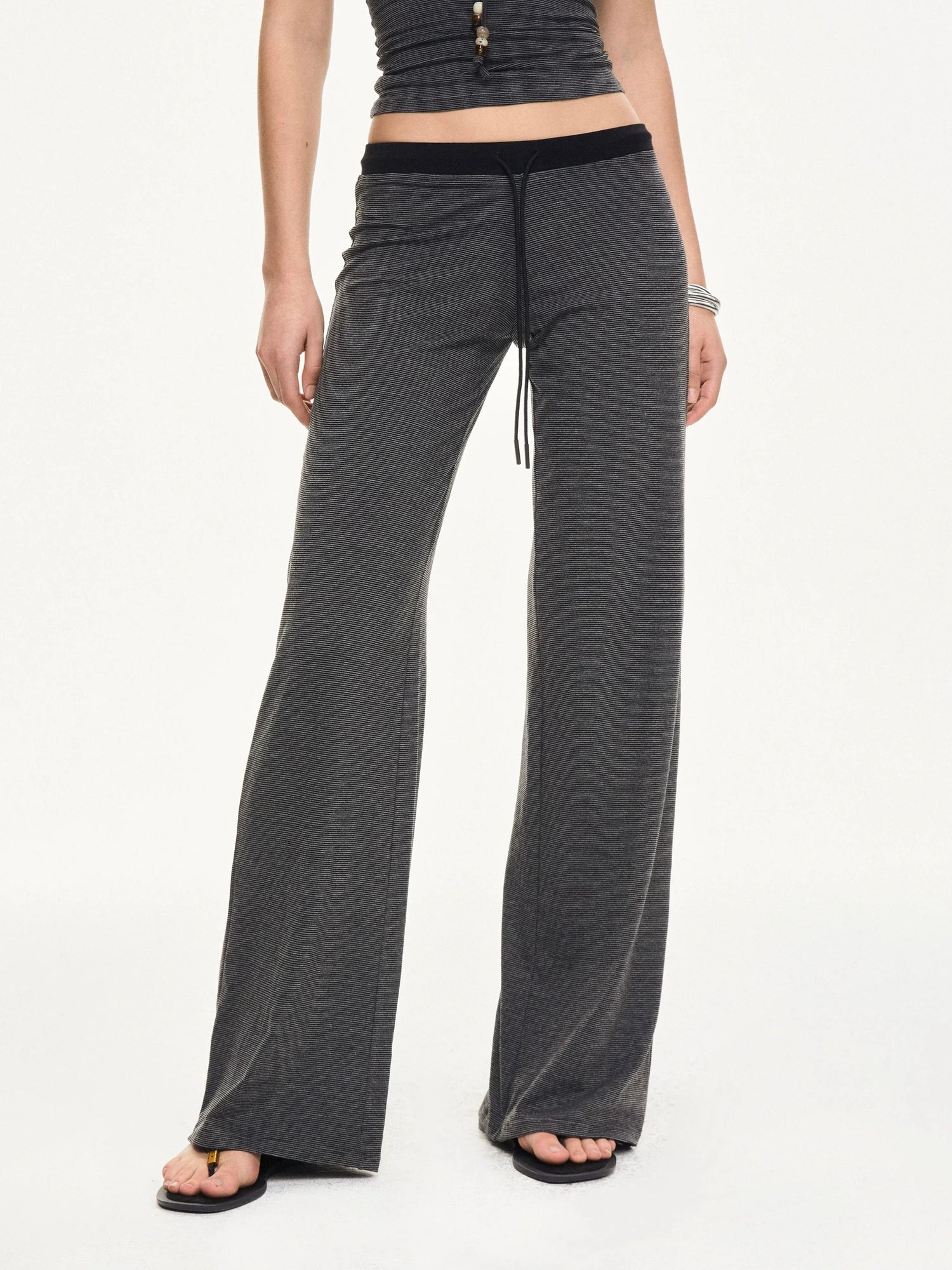 KVKV Yoga Clothing Brand - Black Gray Striped Knit Drawstring Wide Leg Pants