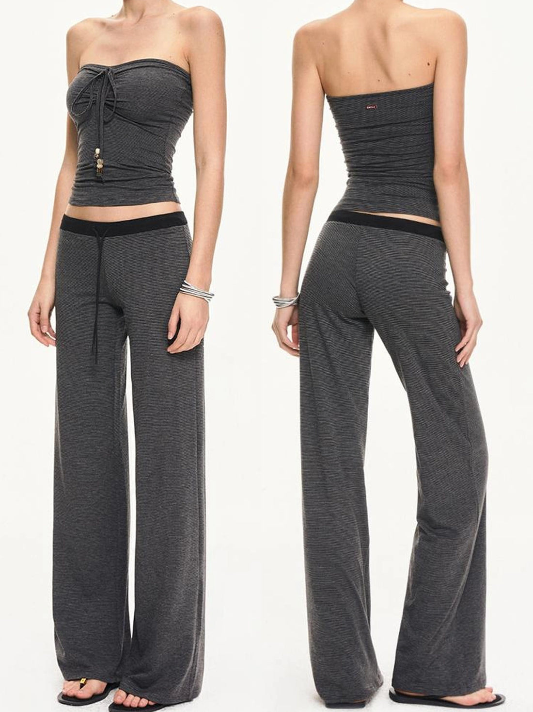 KVKV Yoga Clothing Brand - Black Gray Striped Knit Drawstring Wide Leg Pants