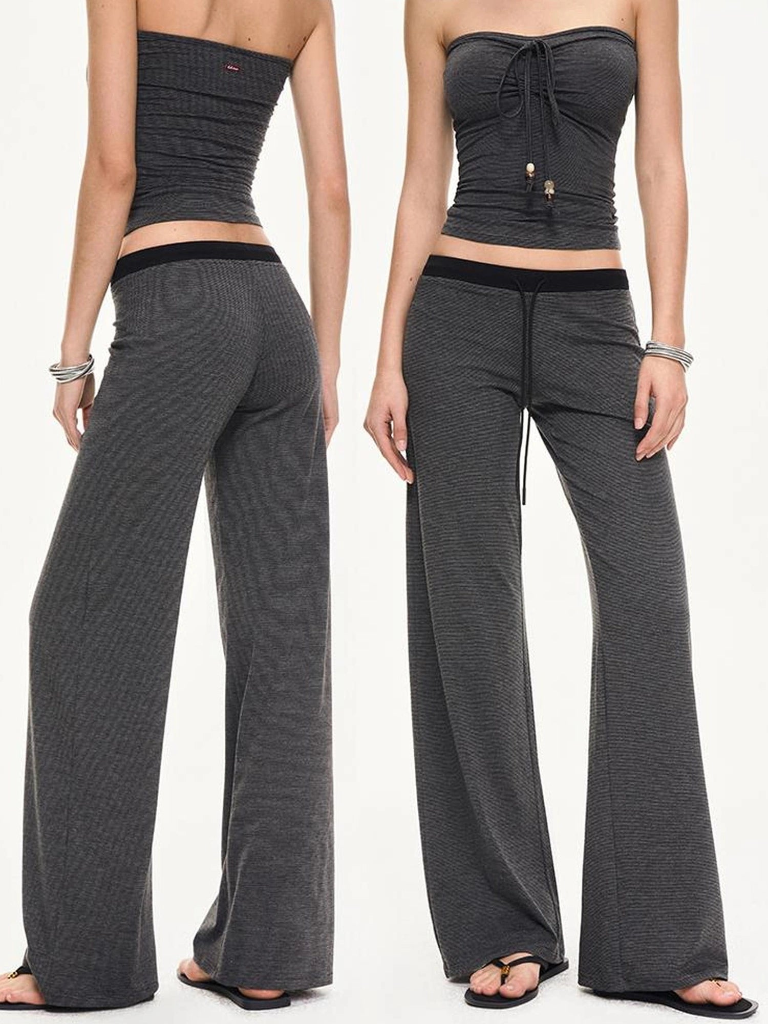 KVKV Yoga Clothing Brand - Black Gray Striped Knit Drawstring Wide Leg Pants