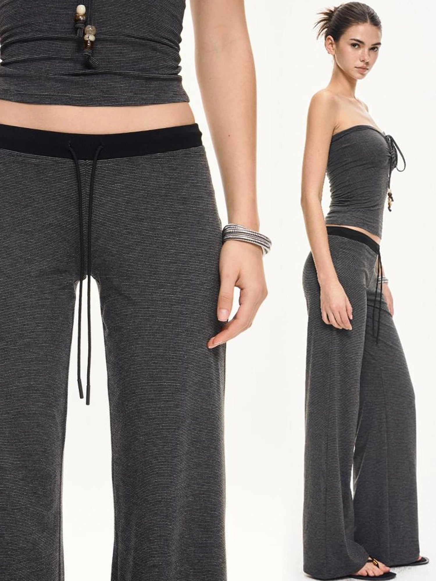 KVKV Yoga Clothing Brand - Black Gray Striped Knit Drawstring Wide Leg Pants