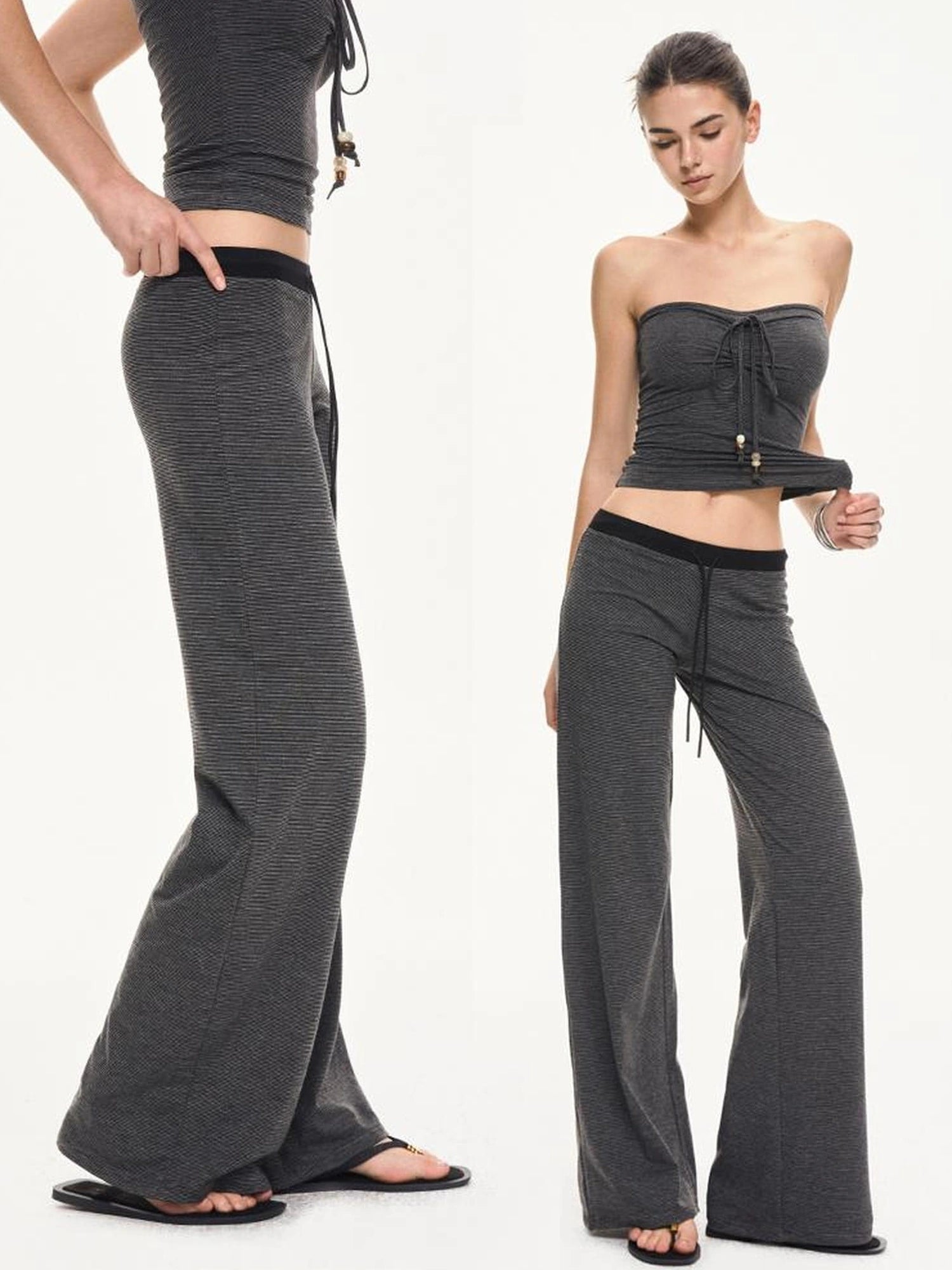 KVKV Yoga Clothing Brand - Black Gray Striped Knit Drawstring Wide Leg Pants