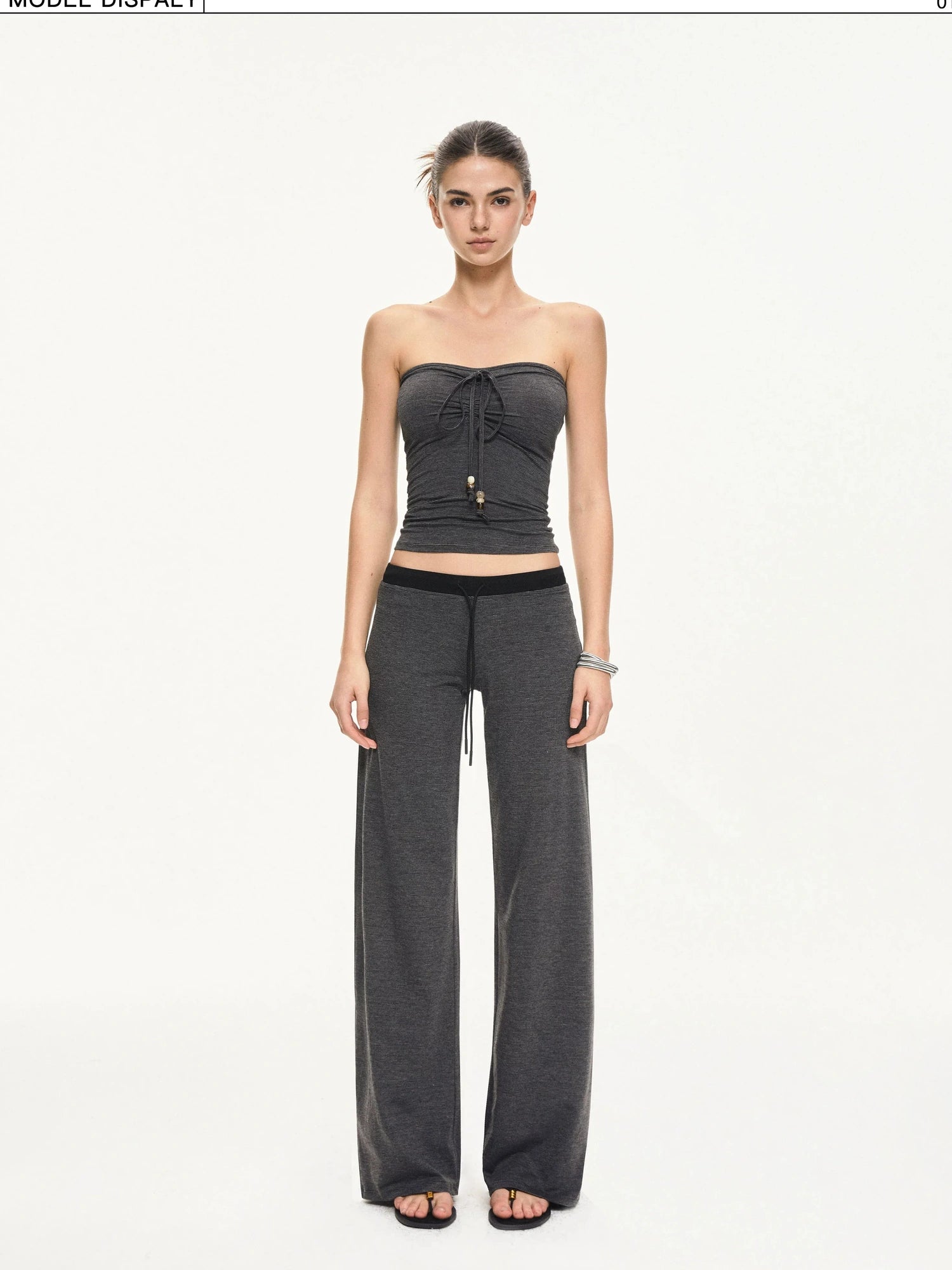 KVKV Yoga Clothing Brand - Black Gray Striped Knit Drawstring Wide Leg Pants