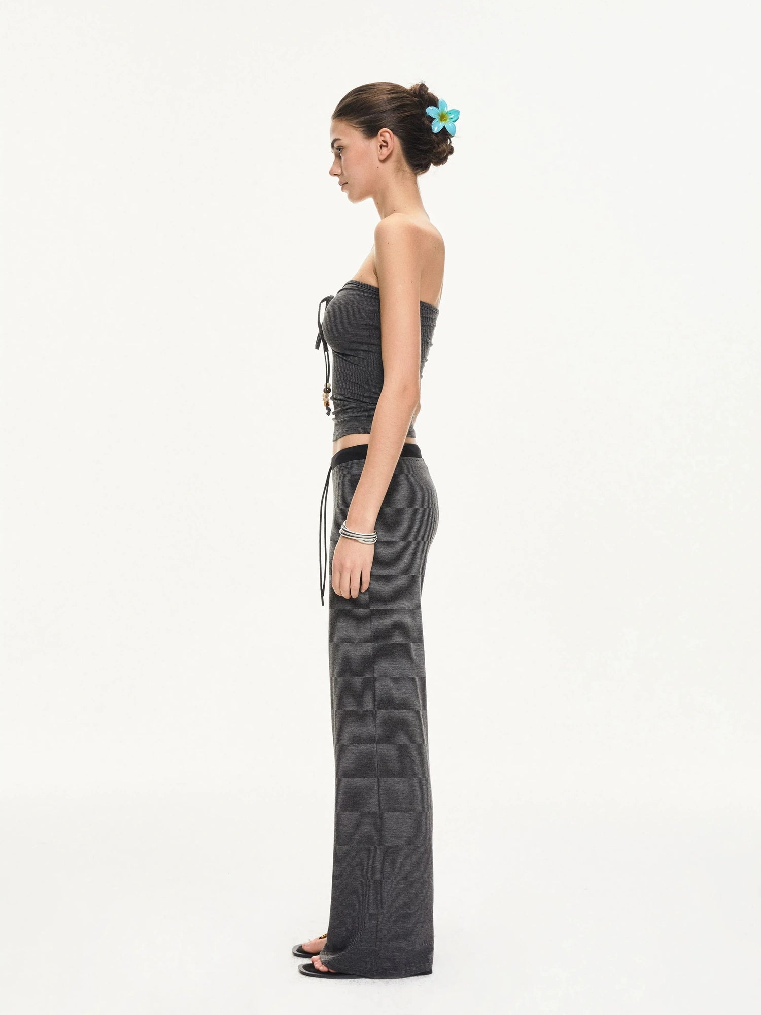 KVKV Yoga Clothing Brand - Black Gray Striped Knit Drawstring Wide Leg Pants