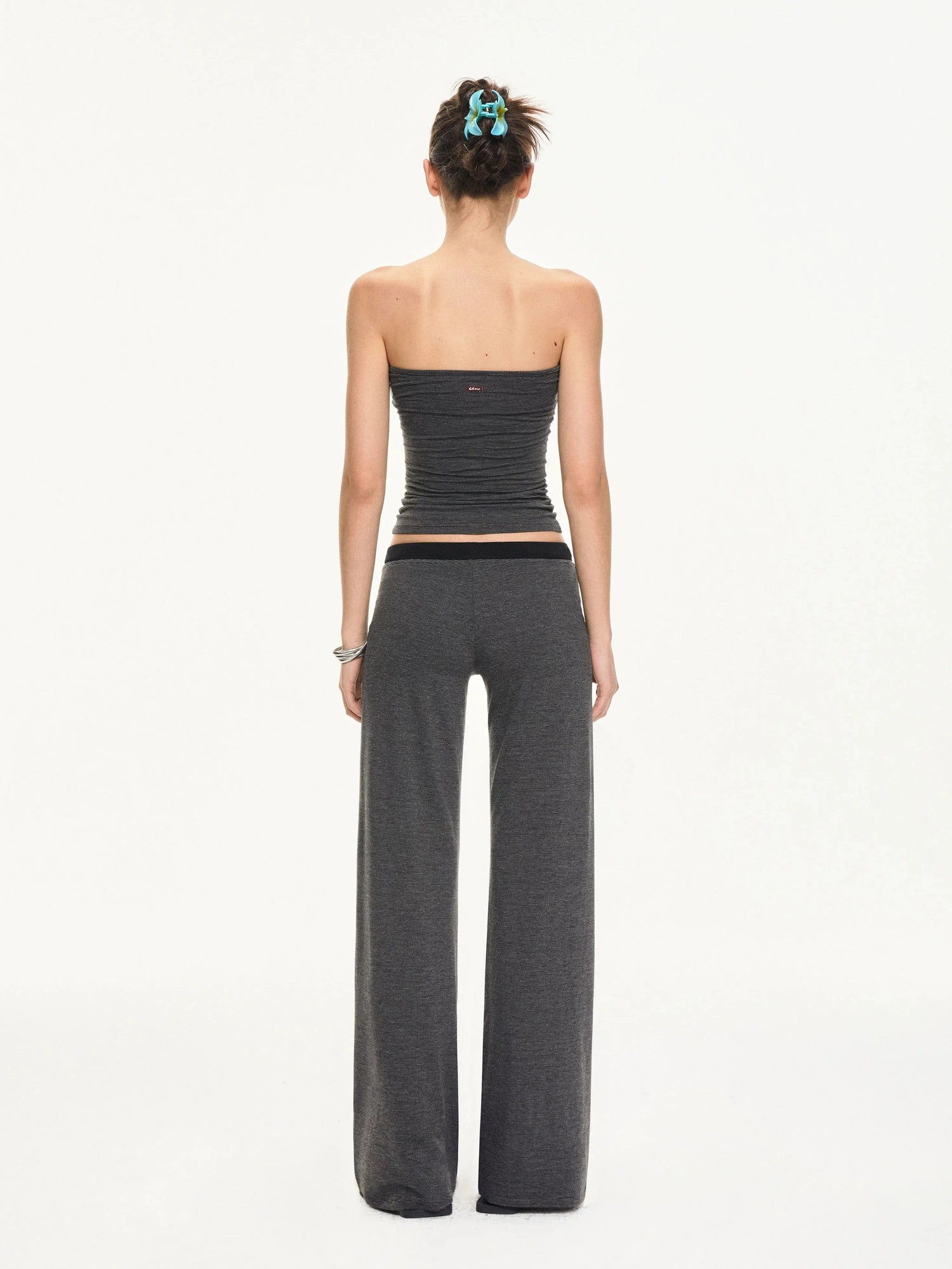 KVKV Yoga Clothing Brand - Black Gray Striped Knit Drawstring Wide Leg Pants