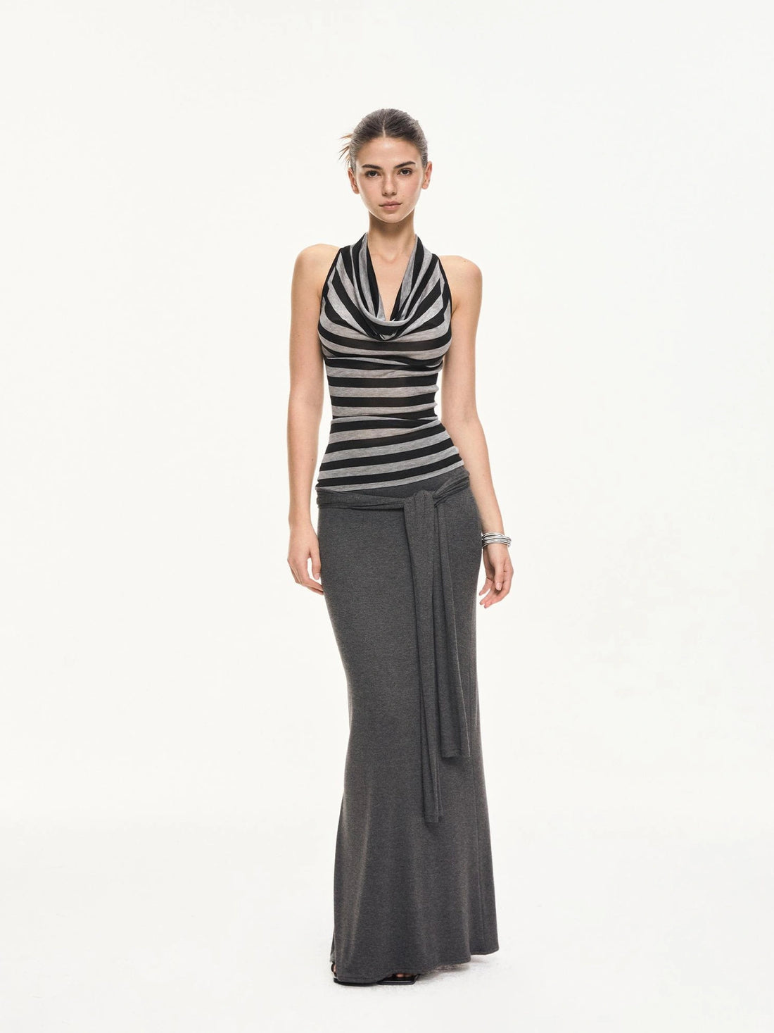 KVKV Yoga Clothing Brand - Black Gray Striped Swing Neck Halter Top
