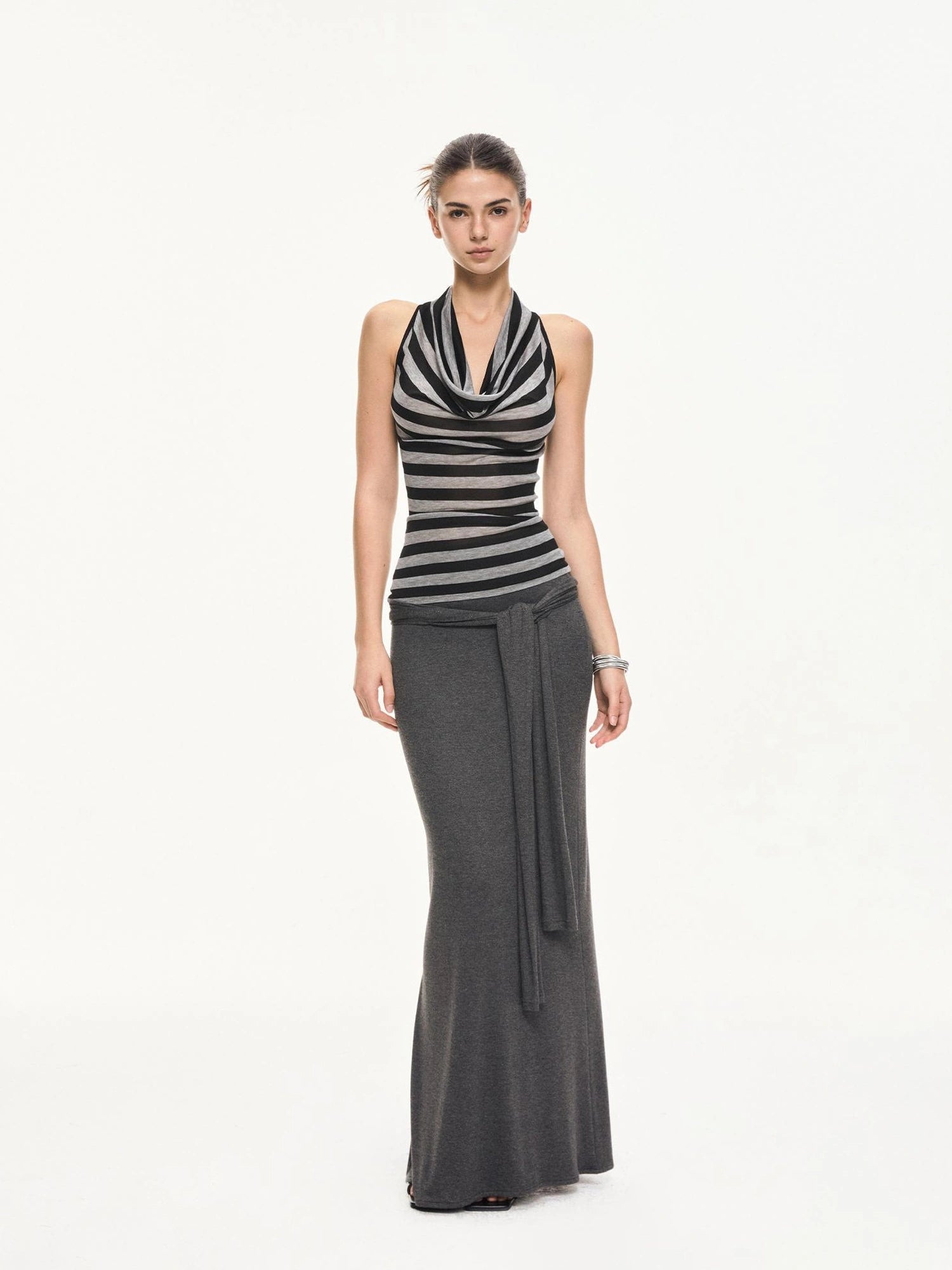 KVKV Yoga Clothing Brand - Black Gray Striped Swing Neck Halter Top