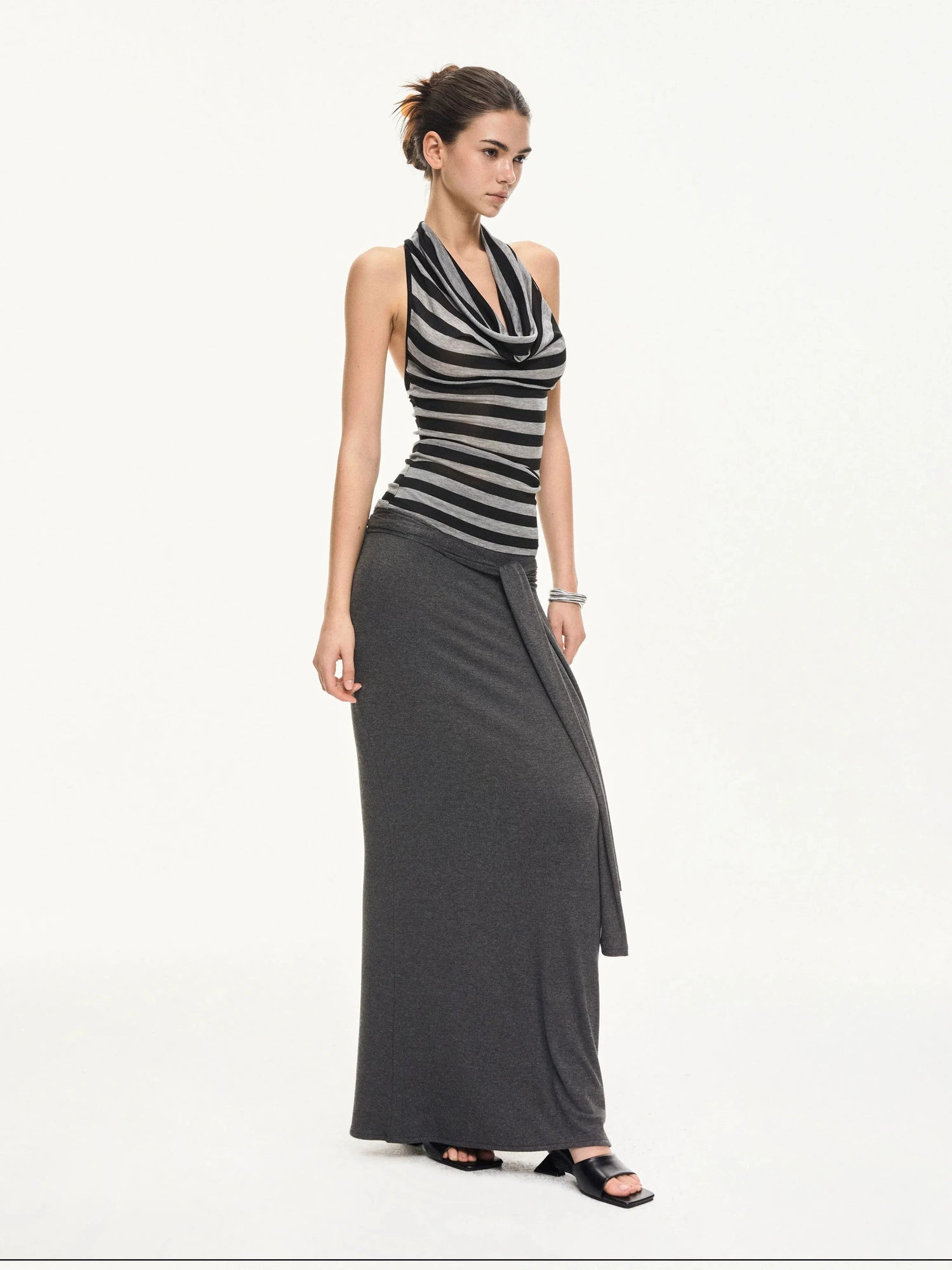 KVKV Yoga Clothing Brand - Black Gray Striped Swing Neck Halter Top