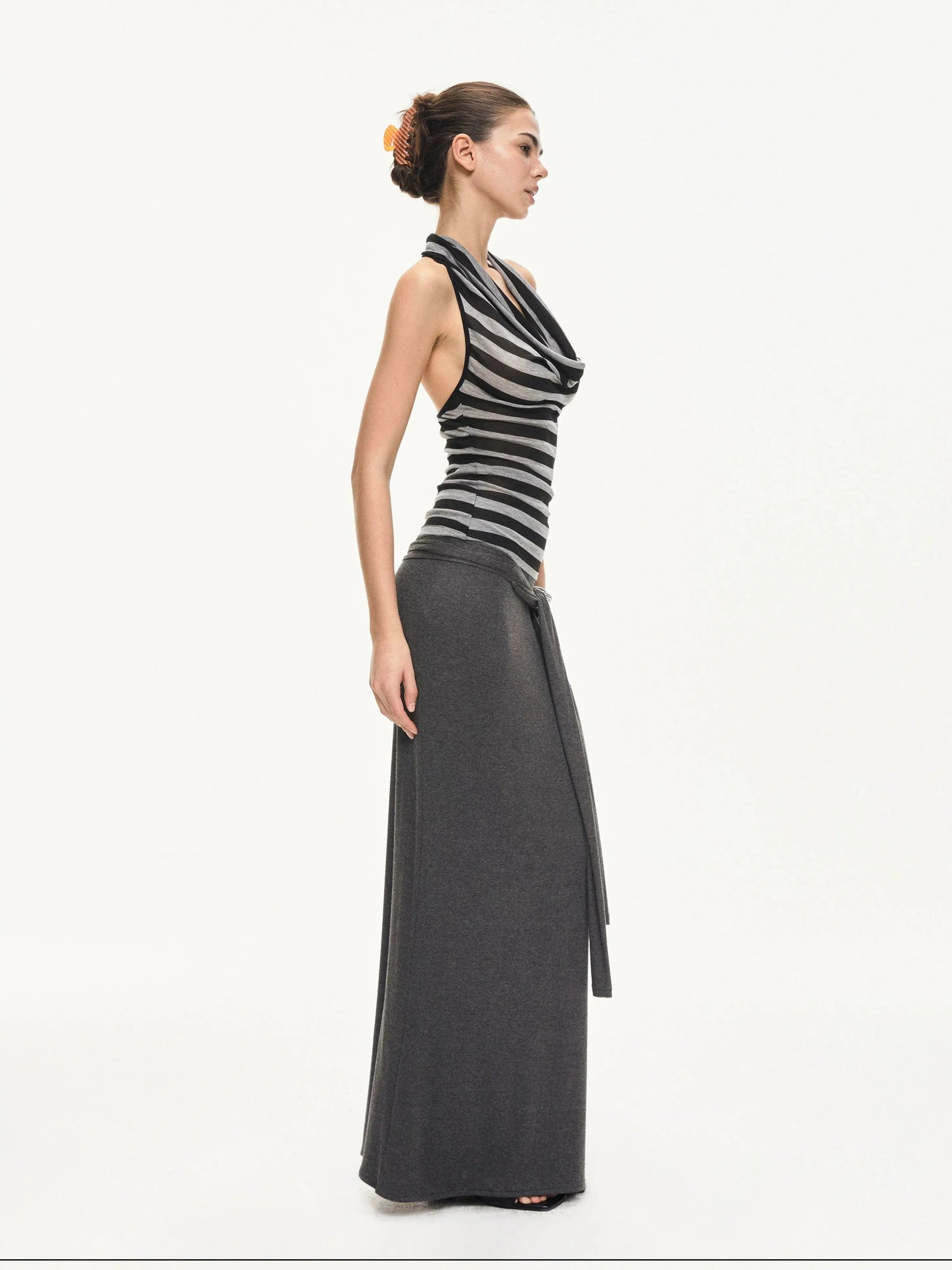 KVKV Yoga Clothing Brand - Black Gray Striped Swing Neck Halter Top