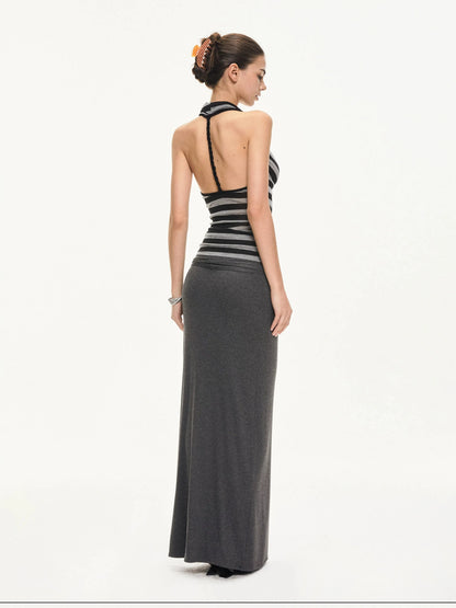 KVKV Yoga Clothing Brand - Black Gray Striped Swing Neck Halter Top