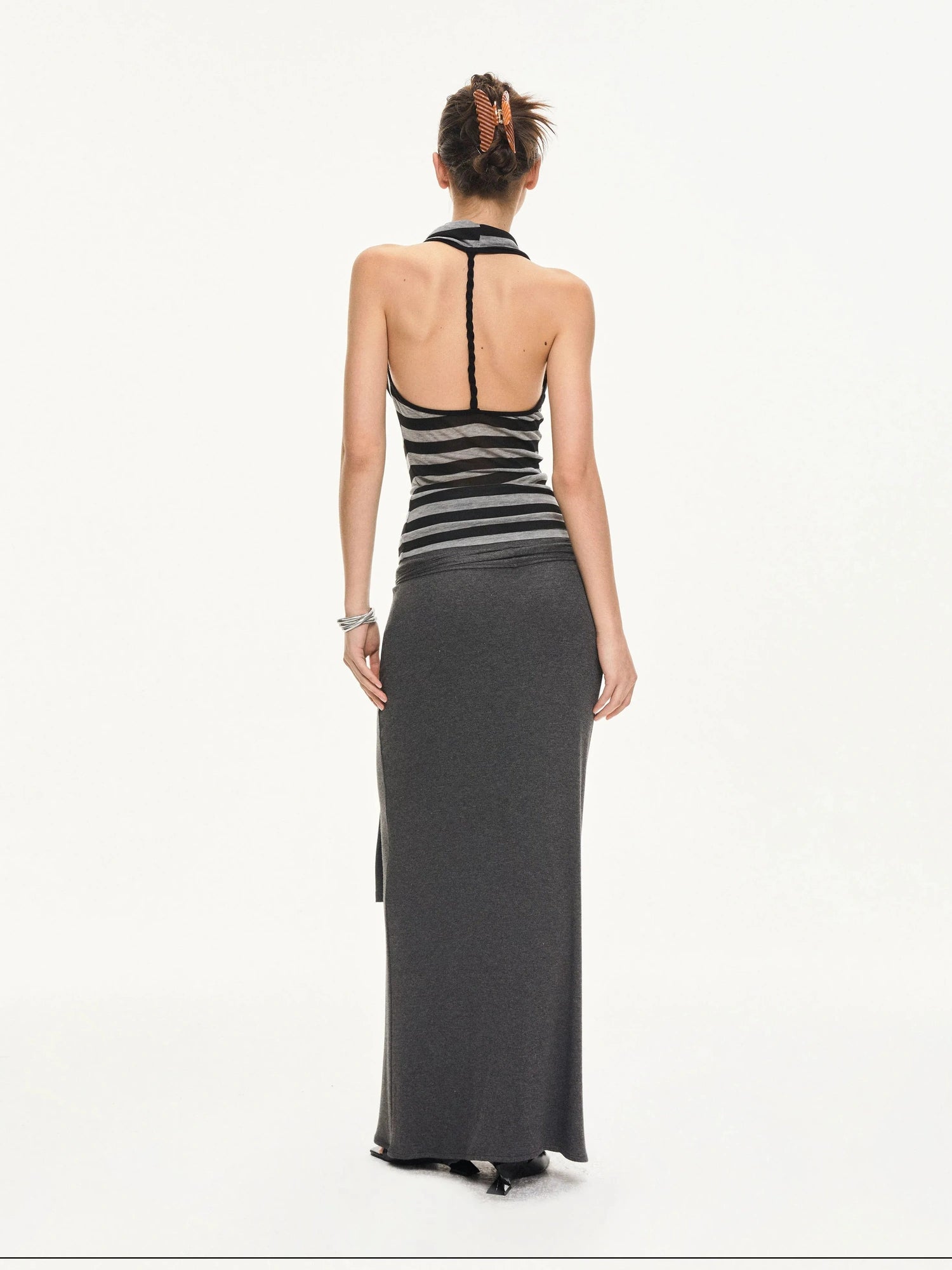 KVKV Yoga Clothing Brand - Black Gray Striped Swing Neck Halter Top