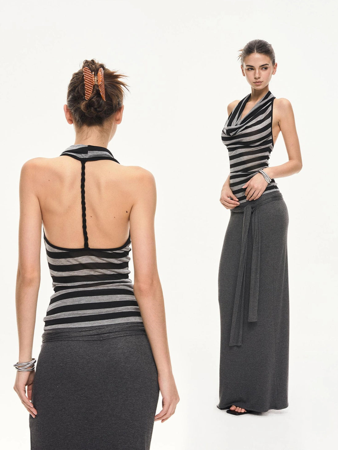 KVKV Yoga Clothing Brand - Black Gray Striped Swing Neck Halter Top