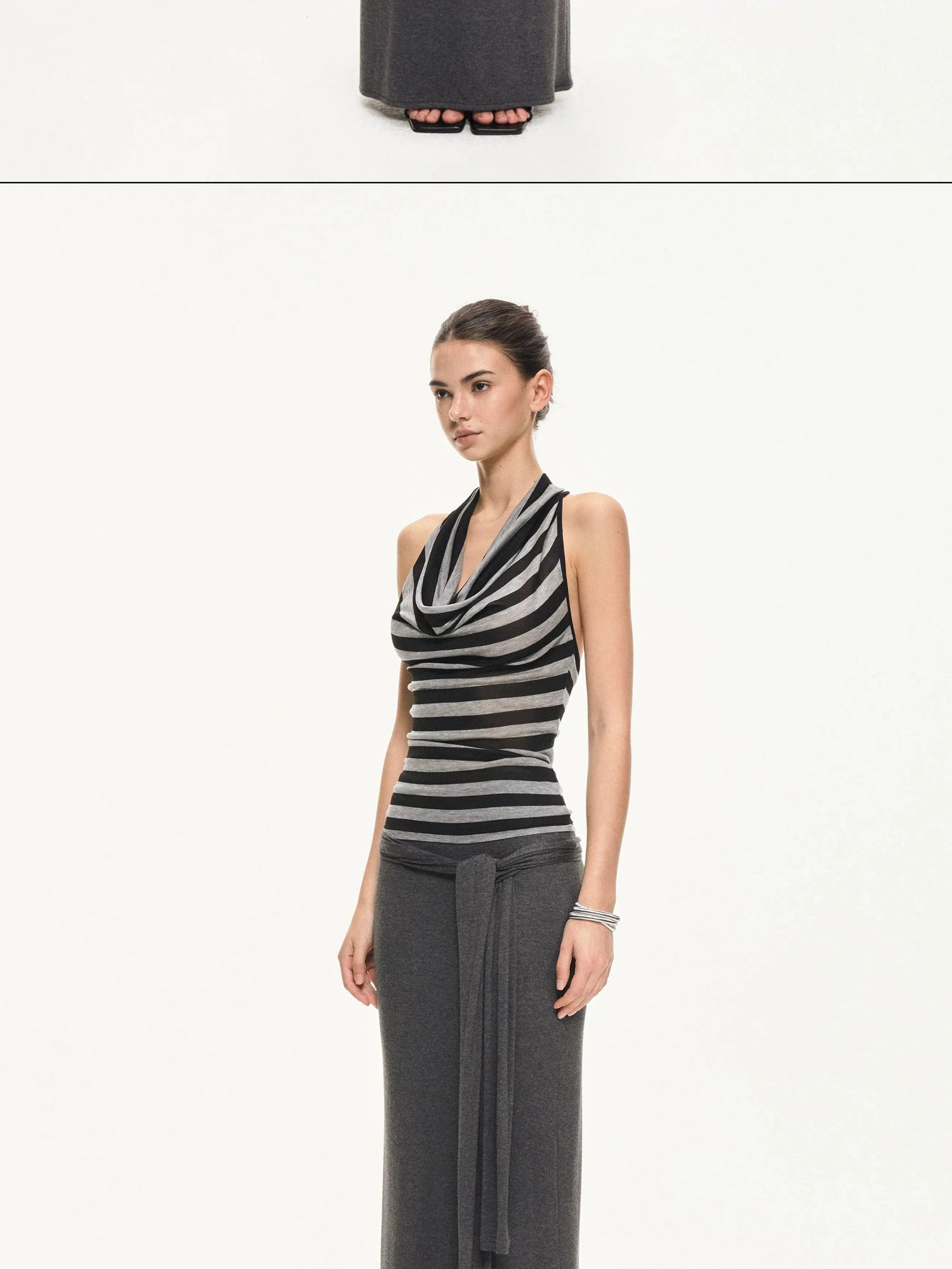 KVKV Yoga Clothing Brand - Black Gray Striped Swing Neck Halter Top