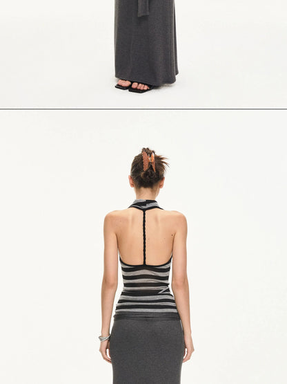 KVKV Yoga Clothing Brand - Black Gray Striped Swing Neck Halter Top