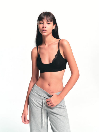 kvkv Black Lace Splice U Collar Women&