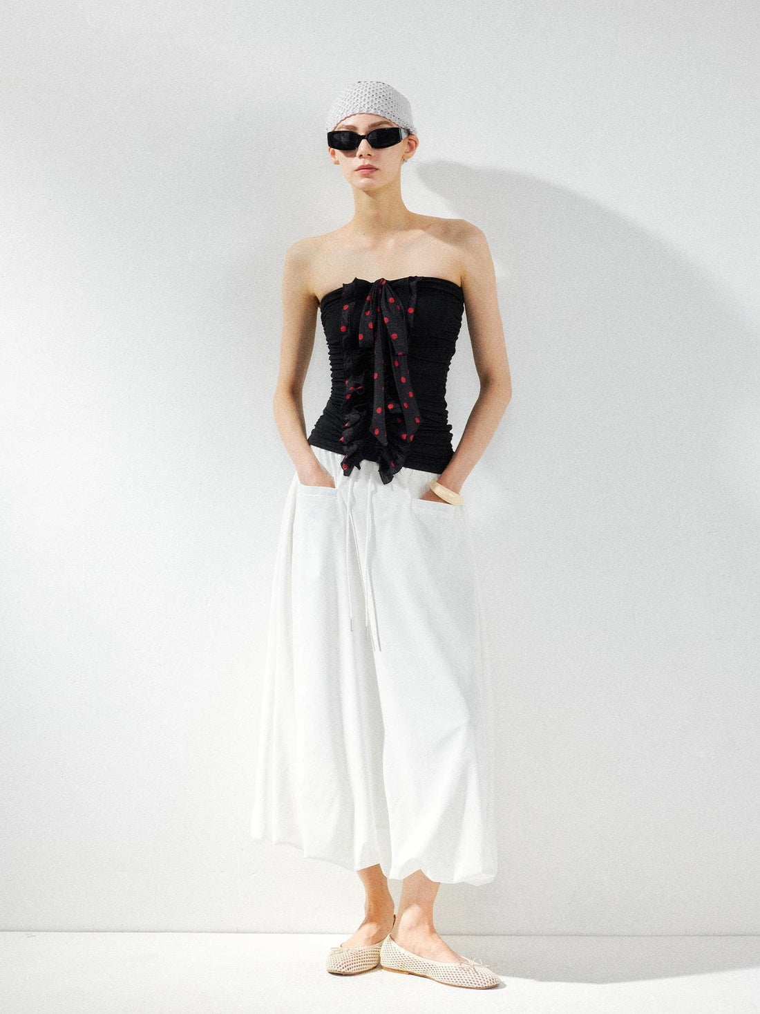 kvkv Black Polka Dot Mesh Pleated Bustier