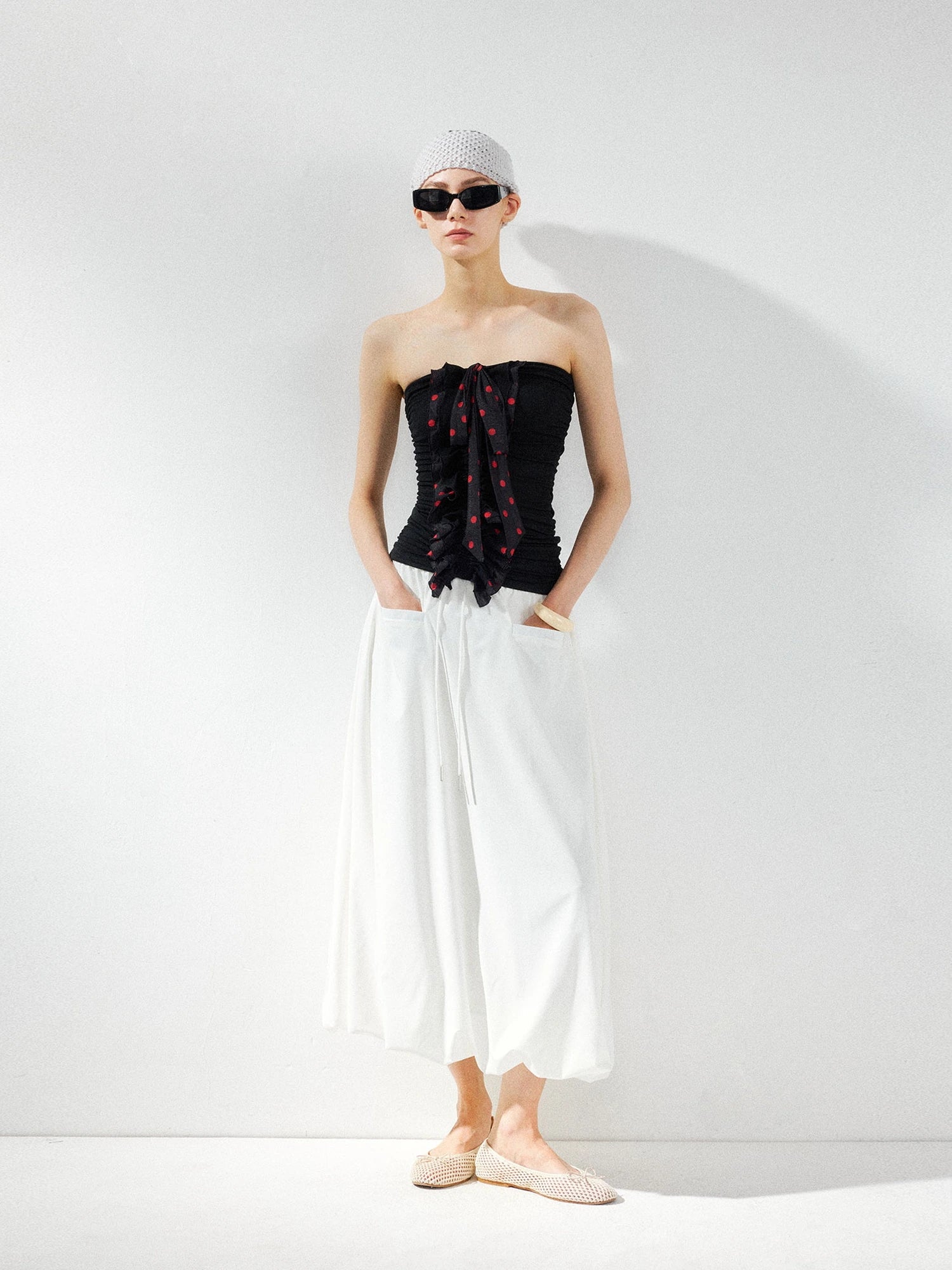 kvkv Black Polka Dot Mesh Pleated Bustier