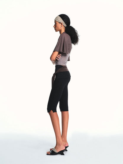 kvkv Black Side Slit Foldover Waist Fitted Capri Women&