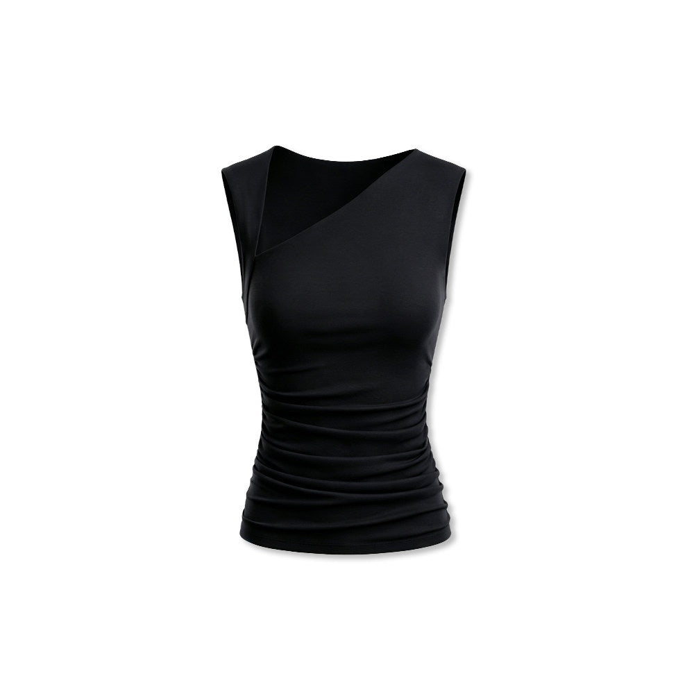 kvkv_Black_Square_Neck_Asymmetric_One_Shoulder_Ruched_Slim_Women&