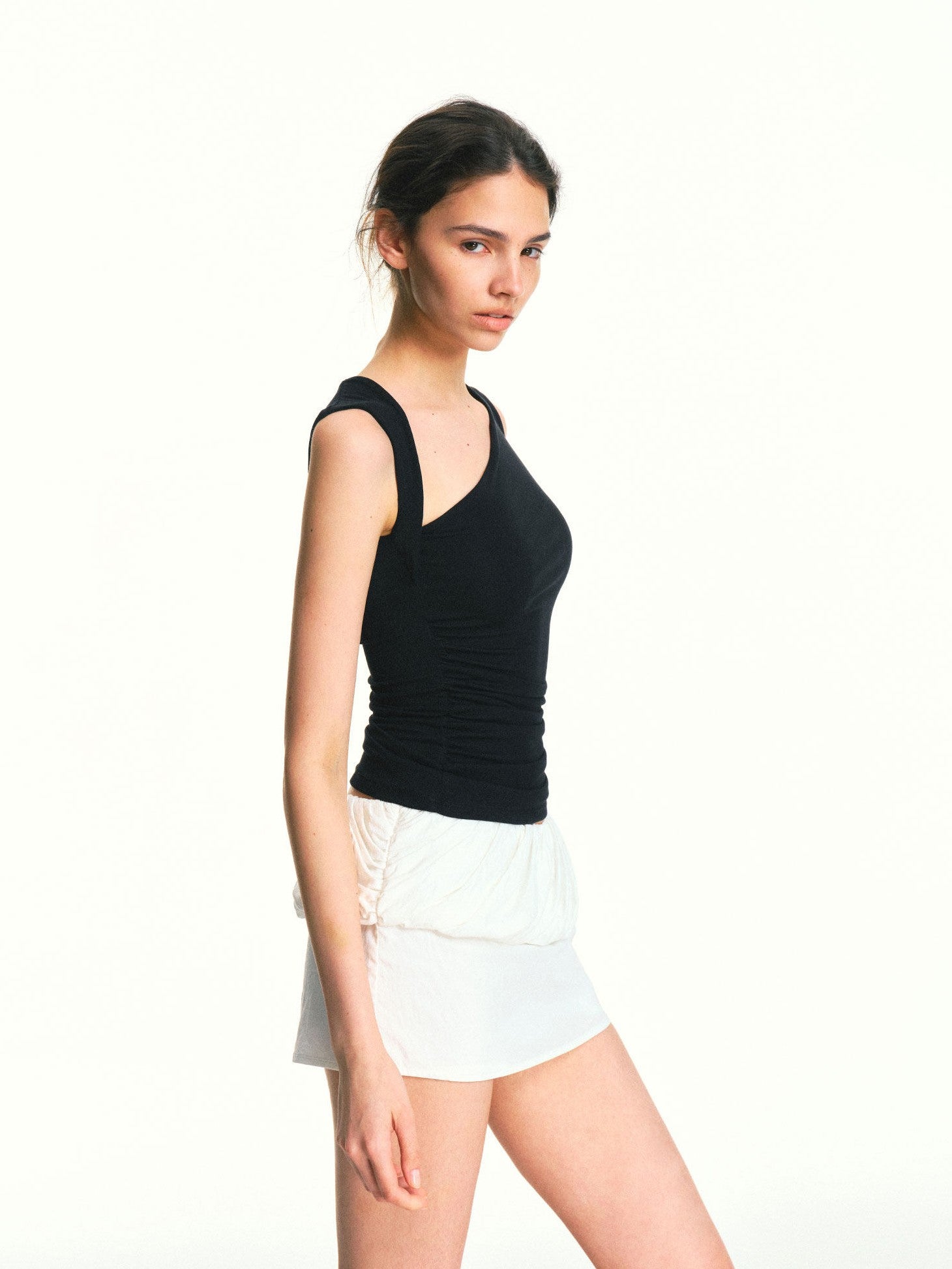kvkv Black Square Neck Asymmetric One Shoulder Ruched Slim Women&