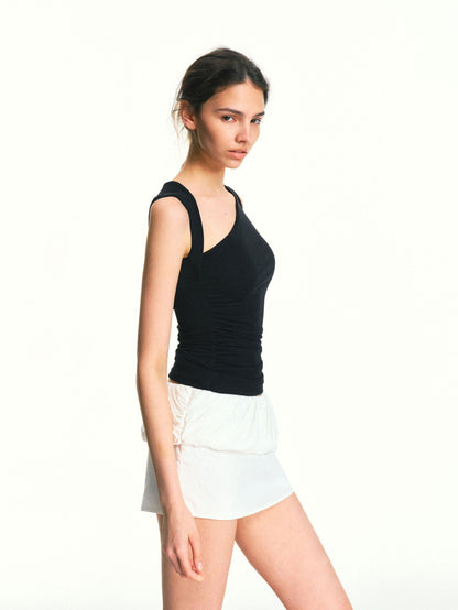 kvkv Black Square Neck Asymmetric One Shoulder Ruched Slim Women&