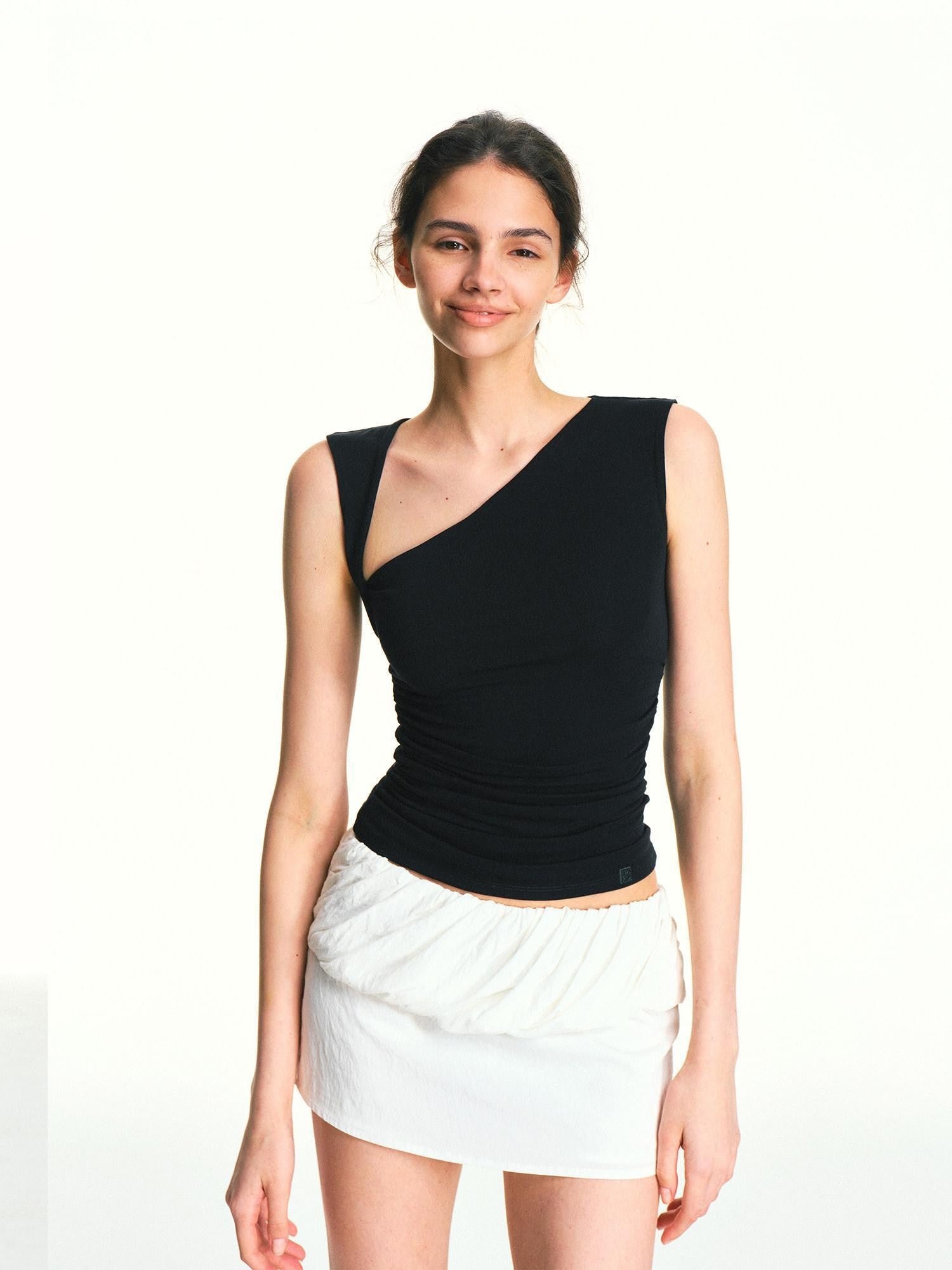 kvkv Black Square Neck Asymmetric One Shoulder Ruched Slim Women&