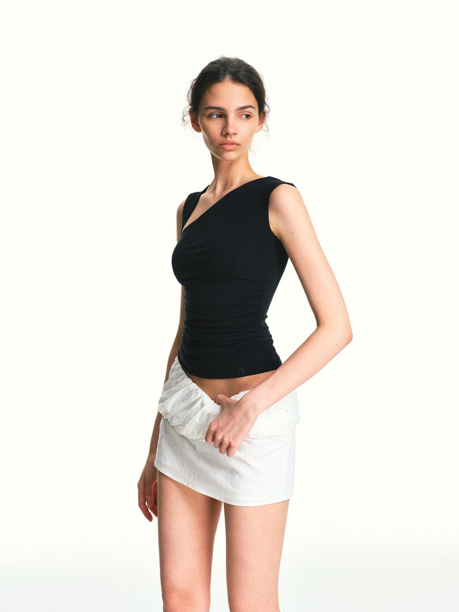 kvkv Black Square Neck Asymmetric One Shoulder Ruched Slim Women&