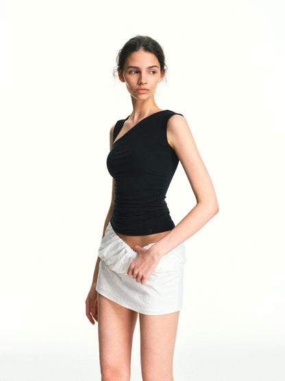 kvkv Black Square Neck Asymmetric One Shoulder Ruched Slim Women&