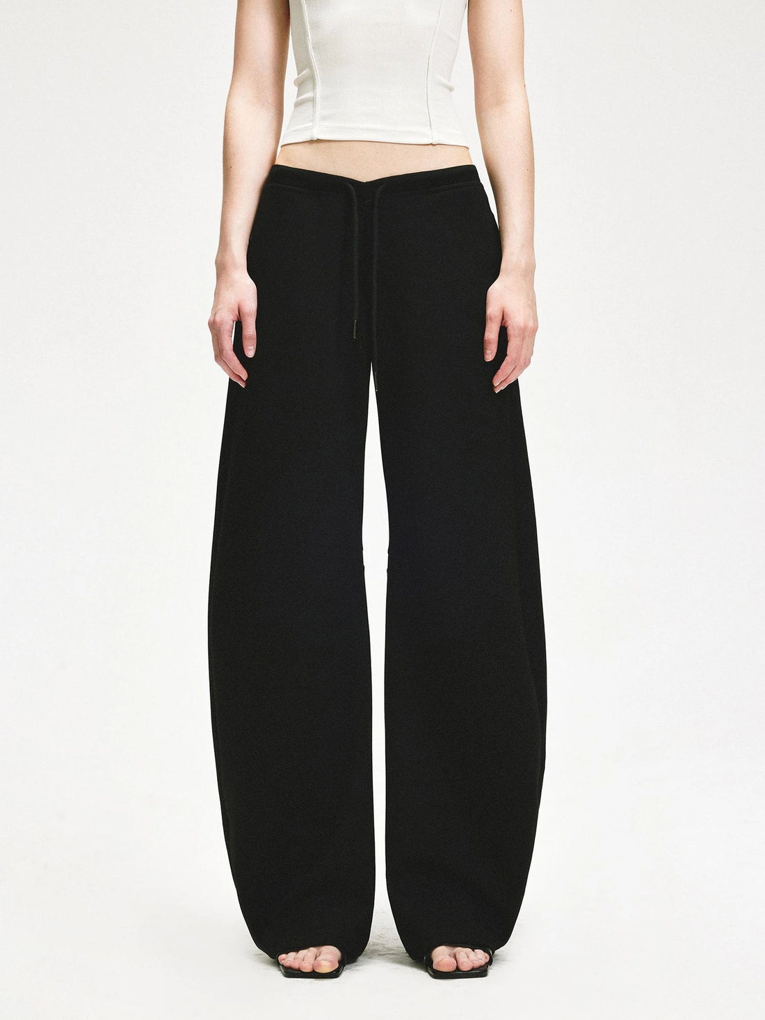 KVKV Yoga Clothing Brand - Black Textured Curved Drawstring Wide Leg Banana Pants