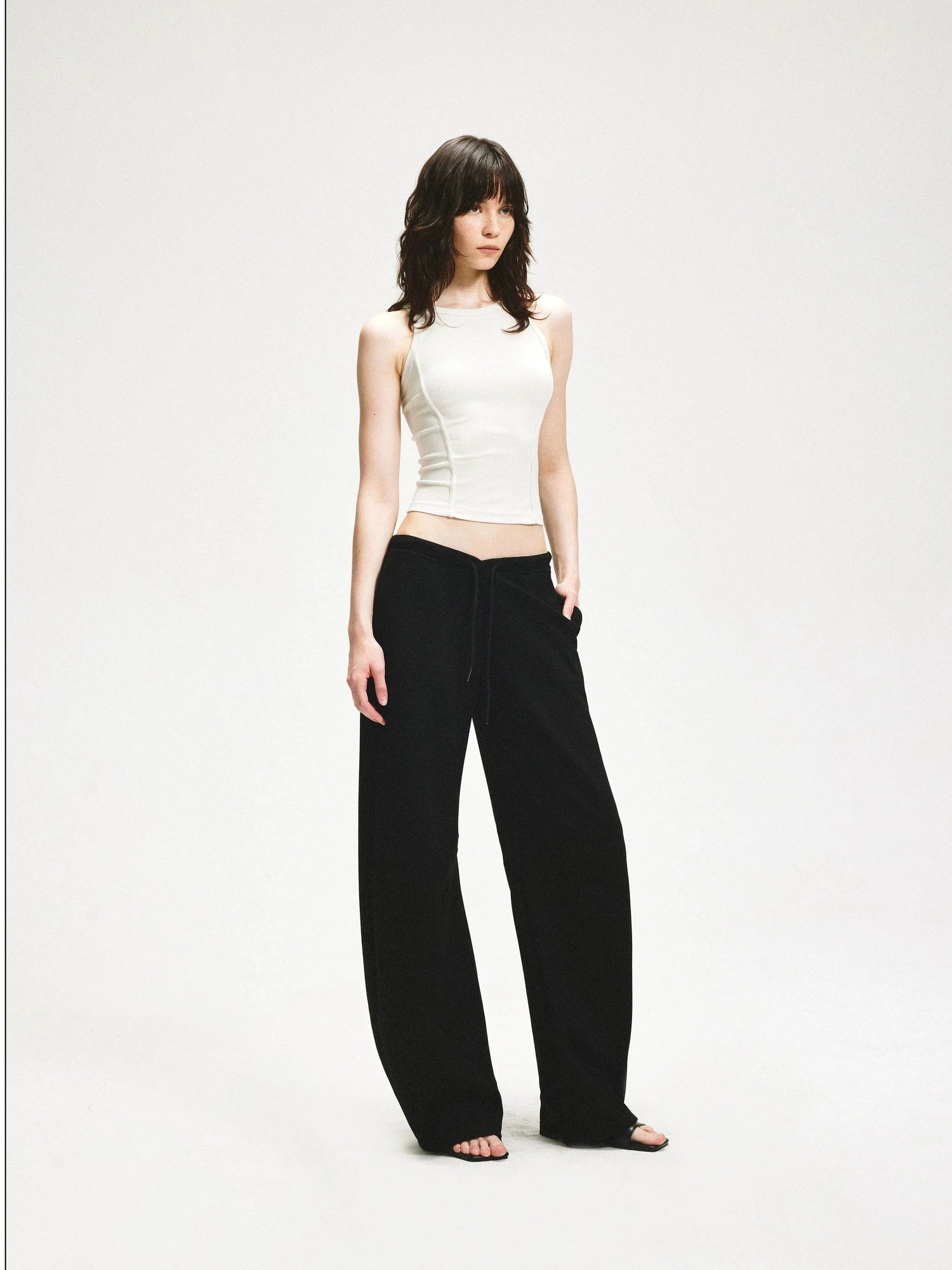KVKV Yoga Clothing Brand - Black Textured Curved Drawstring Wide Leg Banana Pants