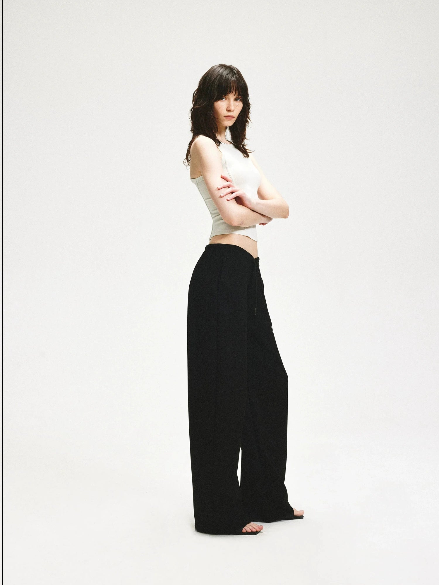 KVKV Yoga Clothing Brand - Black Textured Curved Drawstring Wide Leg Banana Pants