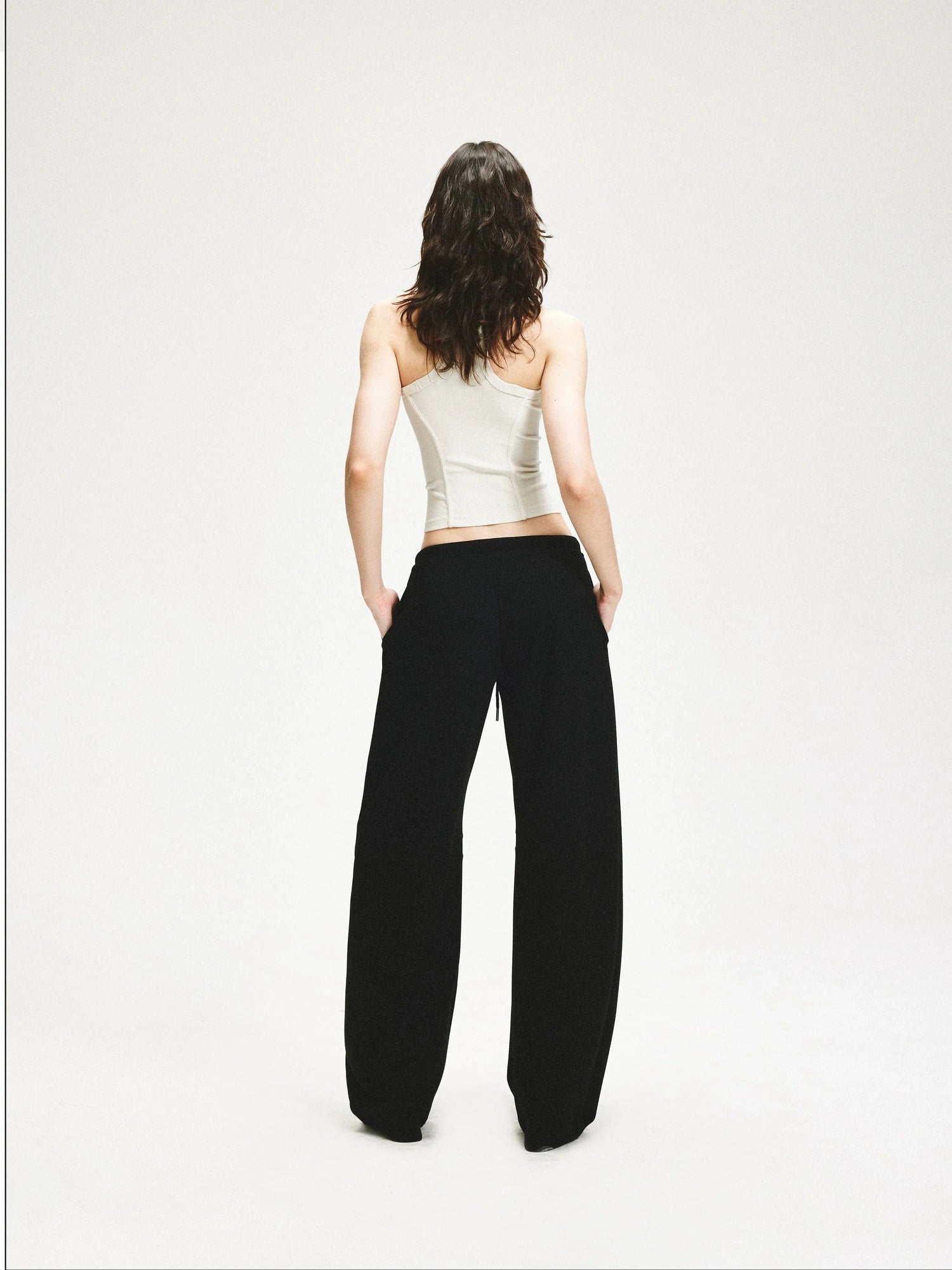 KVKV Yoga Clothing Brand - Black Textured Curved Drawstring Wide Leg Banana Pants