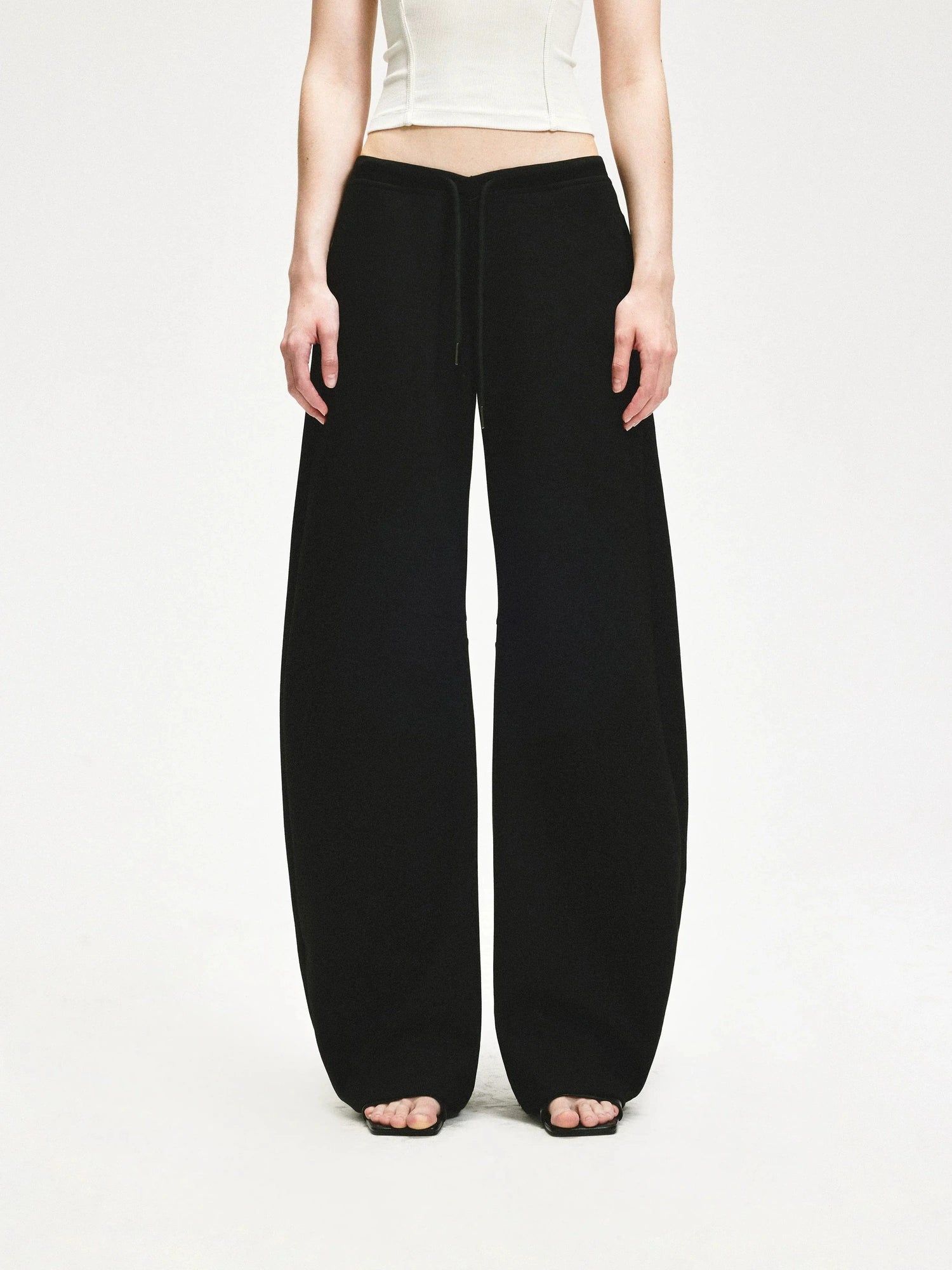 KVKV Yoga Clothing Brand - Black Textured Curved Drawstring Wide Leg Banana Pants
