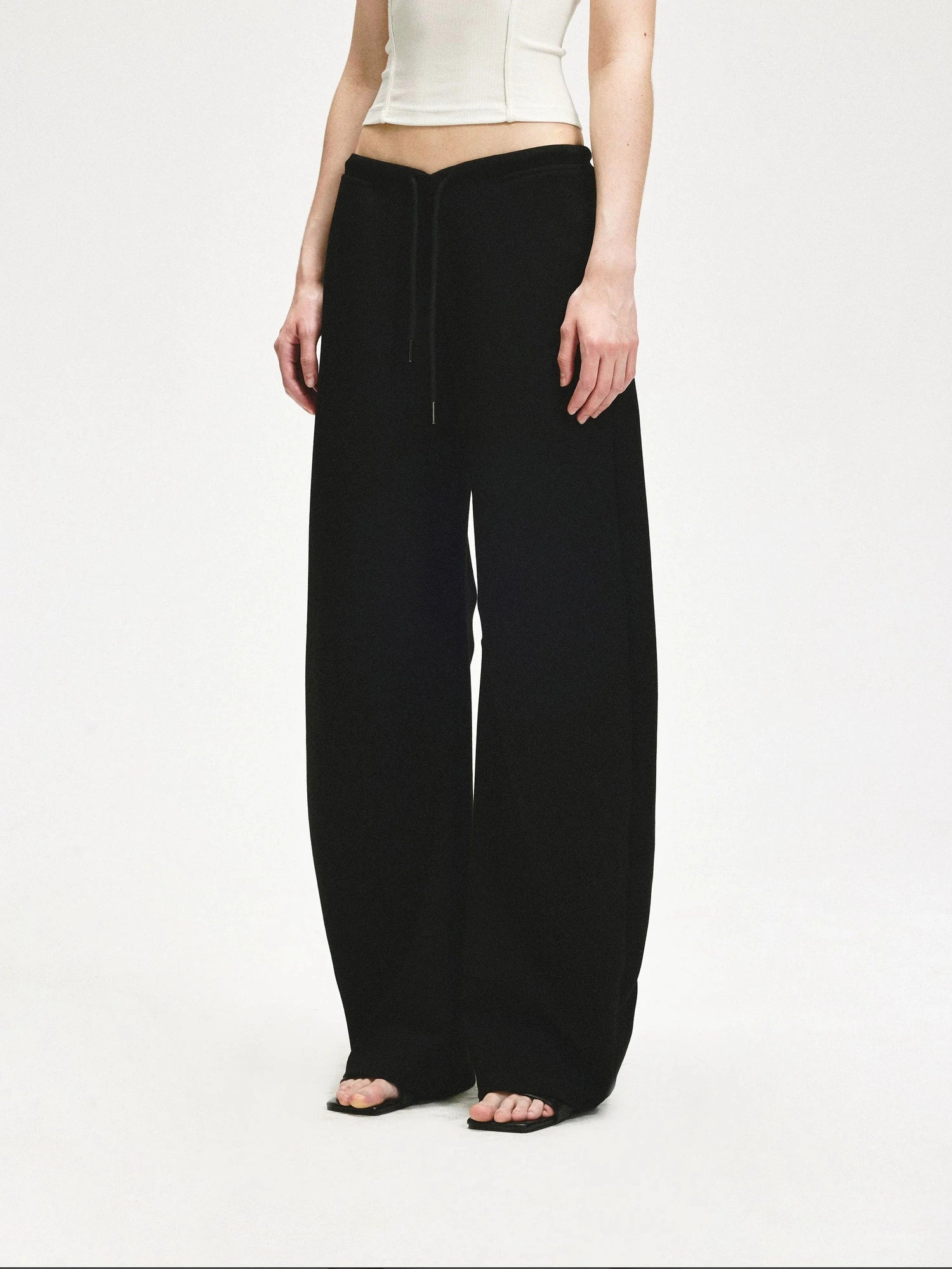 KVKV Yoga Clothing Brand - Black Textured Curved Drawstring Wide Leg Banana Pants