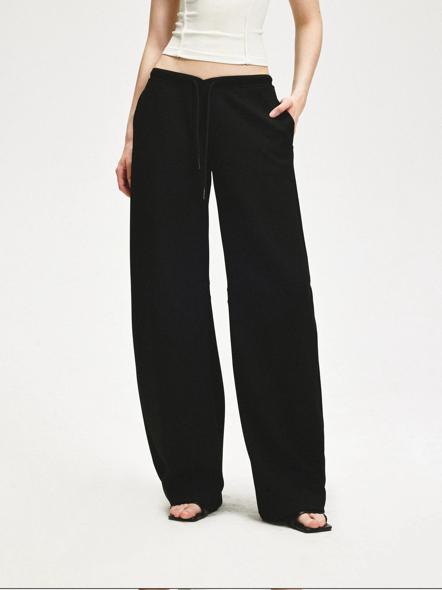 KVKV Yoga Clothing Brand - Black Textured Curved Drawstring Wide Leg Banana Pants