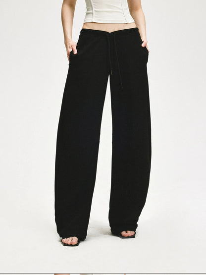 KVKV Yoga Clothing Brand - Black Textured Curved Drawstring Wide Leg Banana Pants