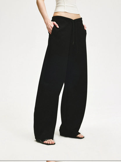 KVKV Yoga Clothing Brand - Black Textured Curved Drawstring Wide Leg Banana Pants