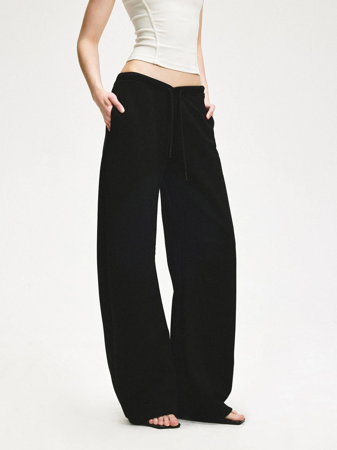 KVKV Yoga Clothing Brand - Black Textured Curved Drawstring Wide Leg Banana Pants