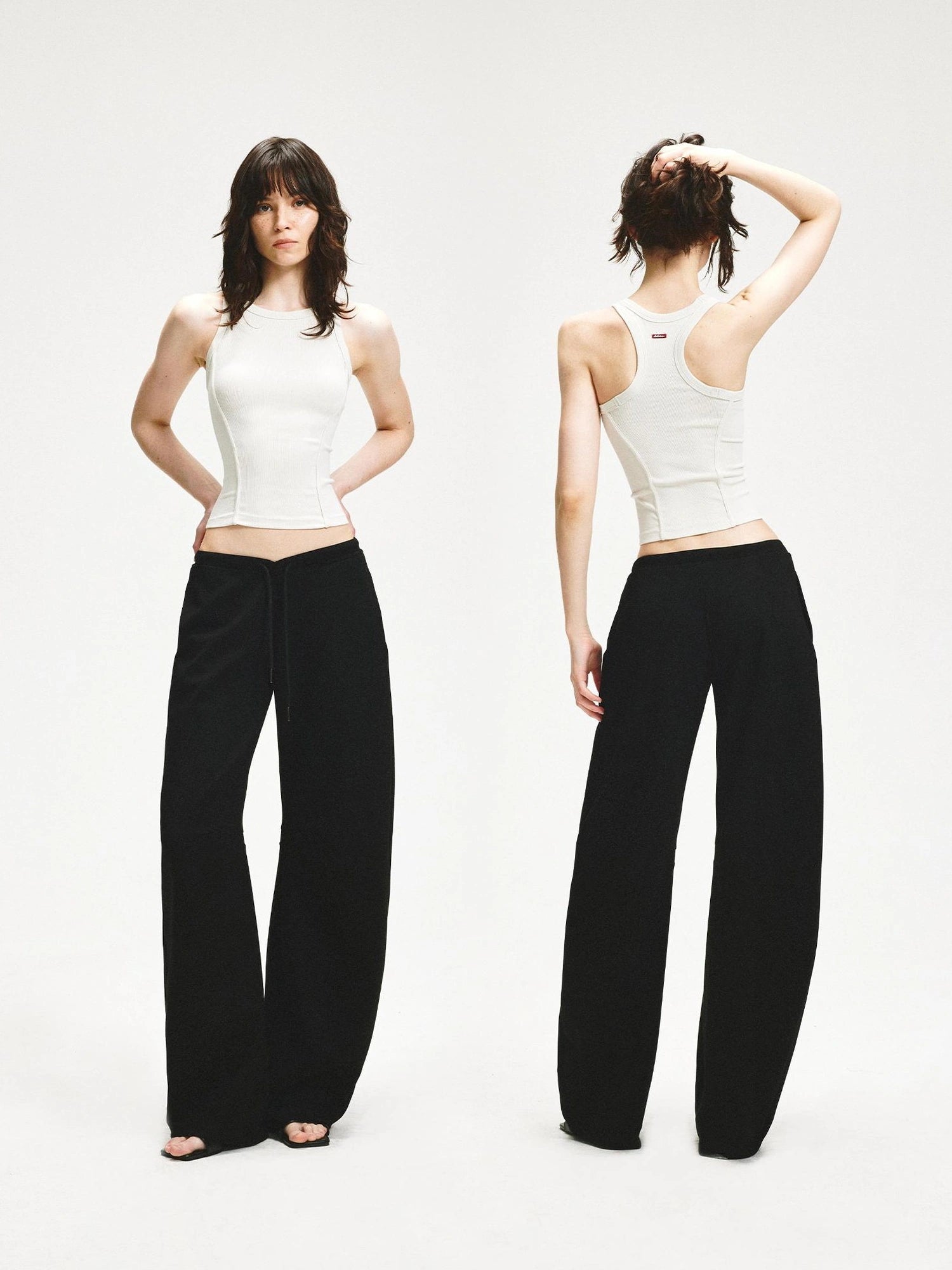 KVKV Yoga Clothing Brand - Black Textured Curved Drawstring Wide Leg Banana Pants