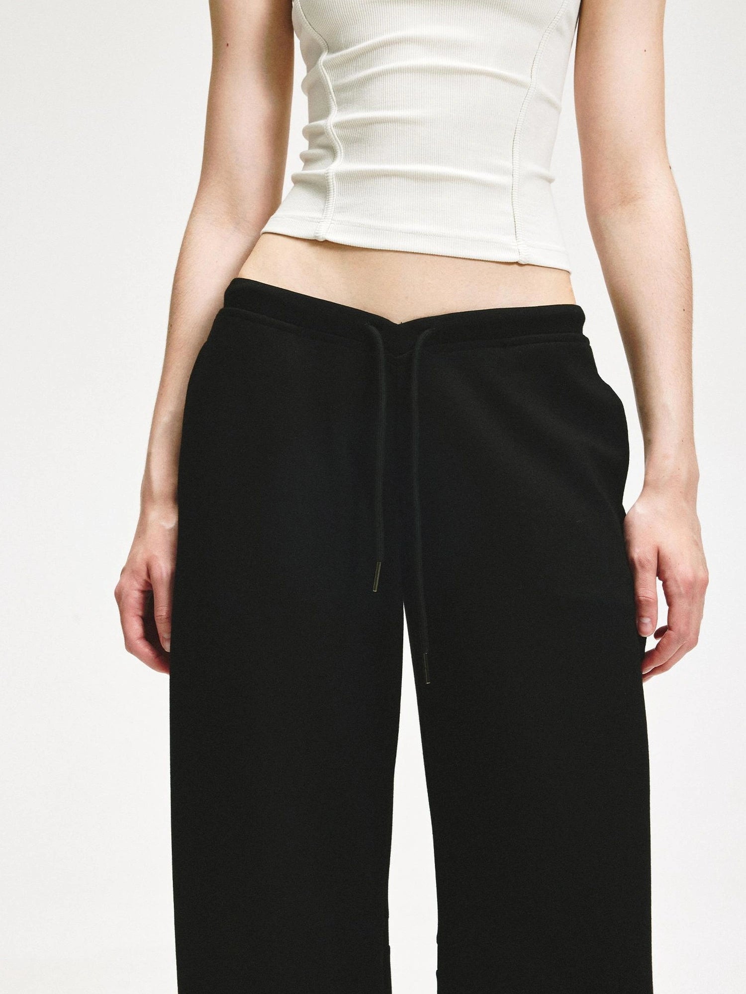 KVKV Yoga Clothing Brand - Black Textured Curved Drawstring Wide Leg Banana Pants