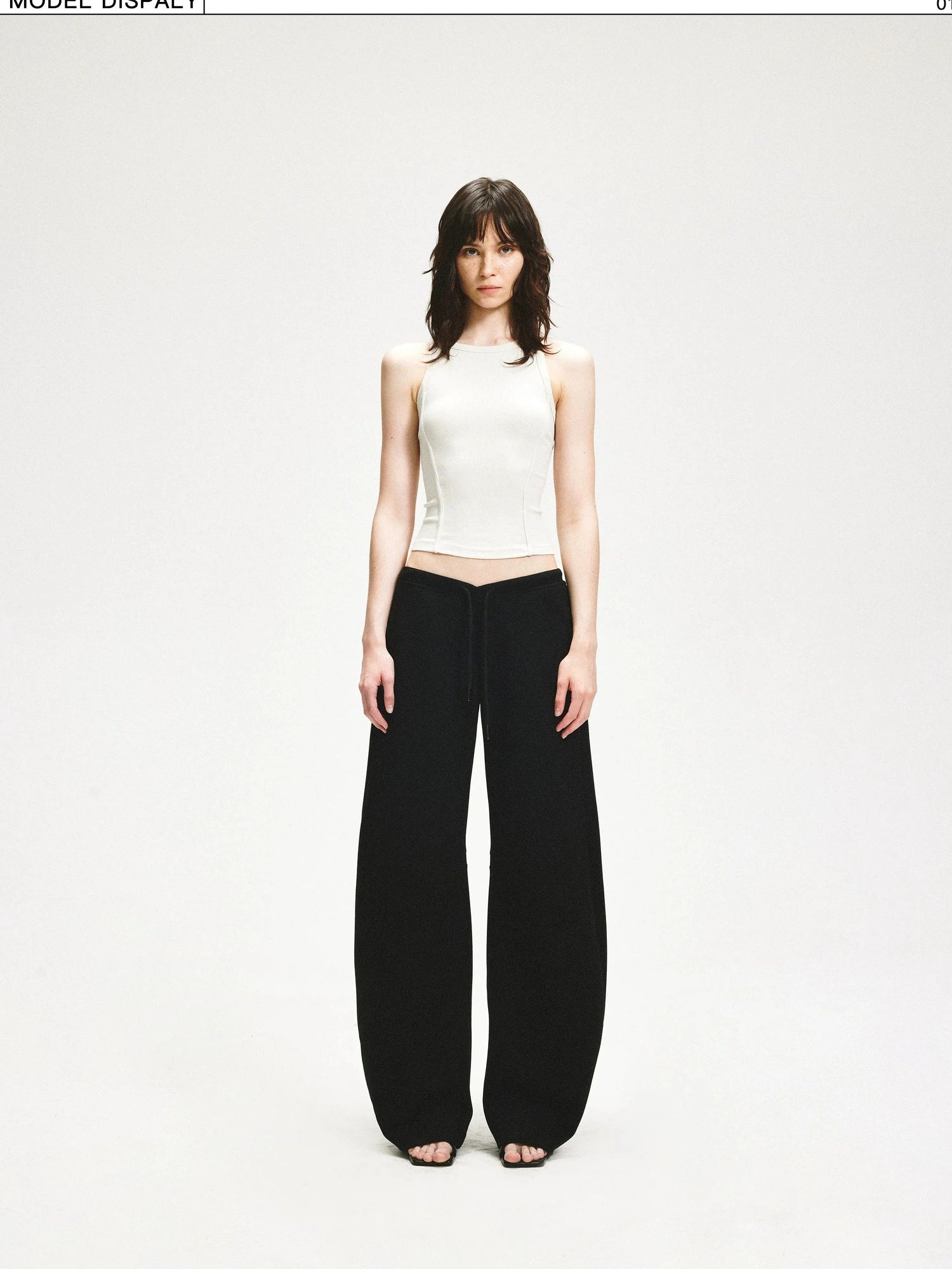 KVKV Yoga Clothing Brand - Black Textured Curved Drawstring Wide Leg Banana Pants
