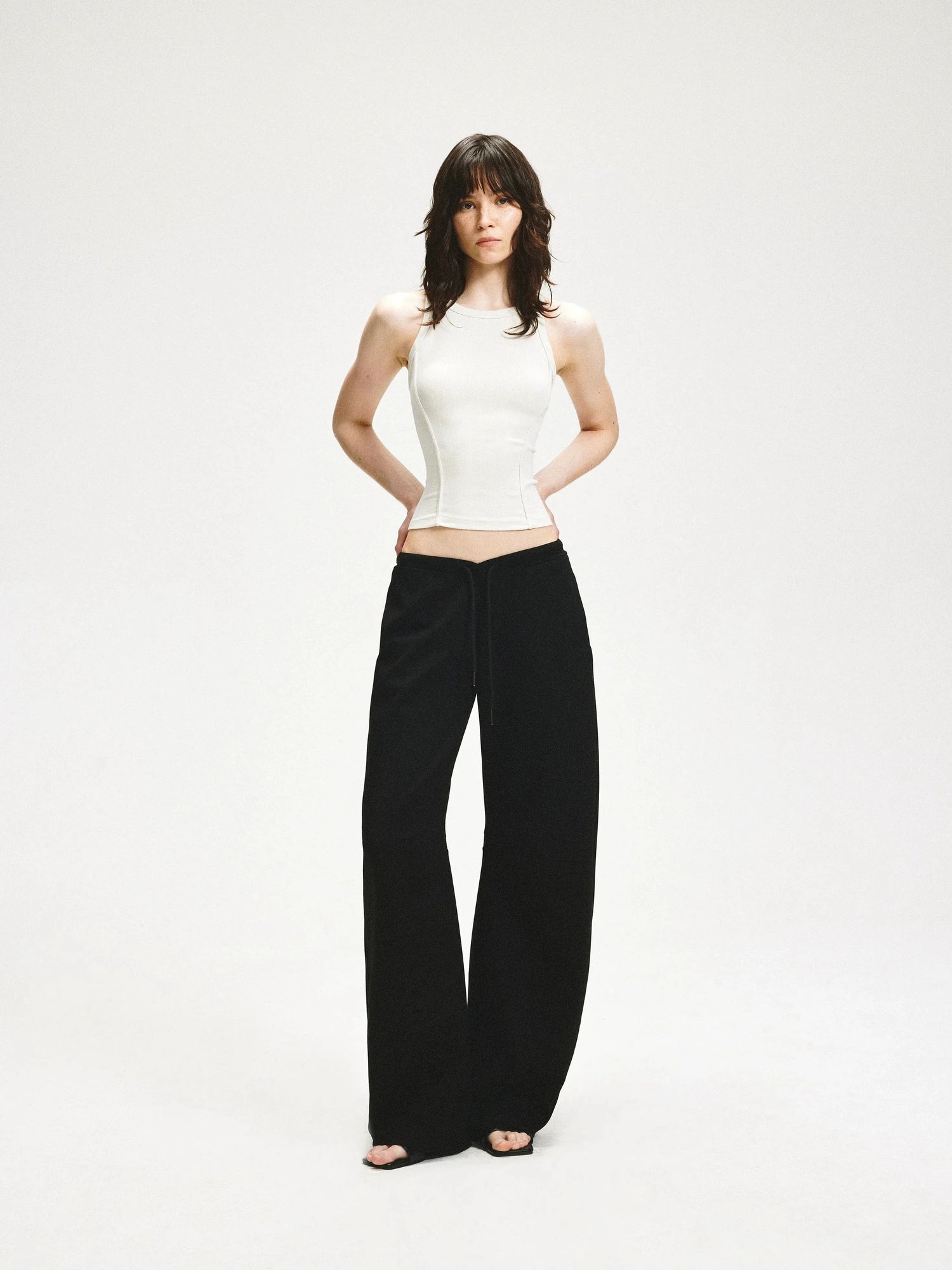 KVKV Yoga Clothing Brand - Black Textured Curved Drawstring Wide Leg Banana Pants