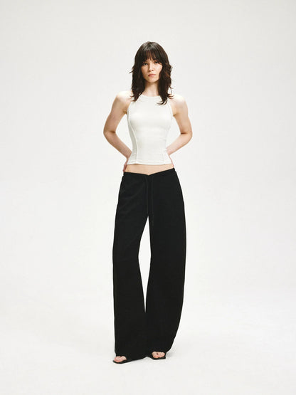KVKV Yoga Clothing Brand - Black Textured Curved Drawstring Wide Leg Banana Pants